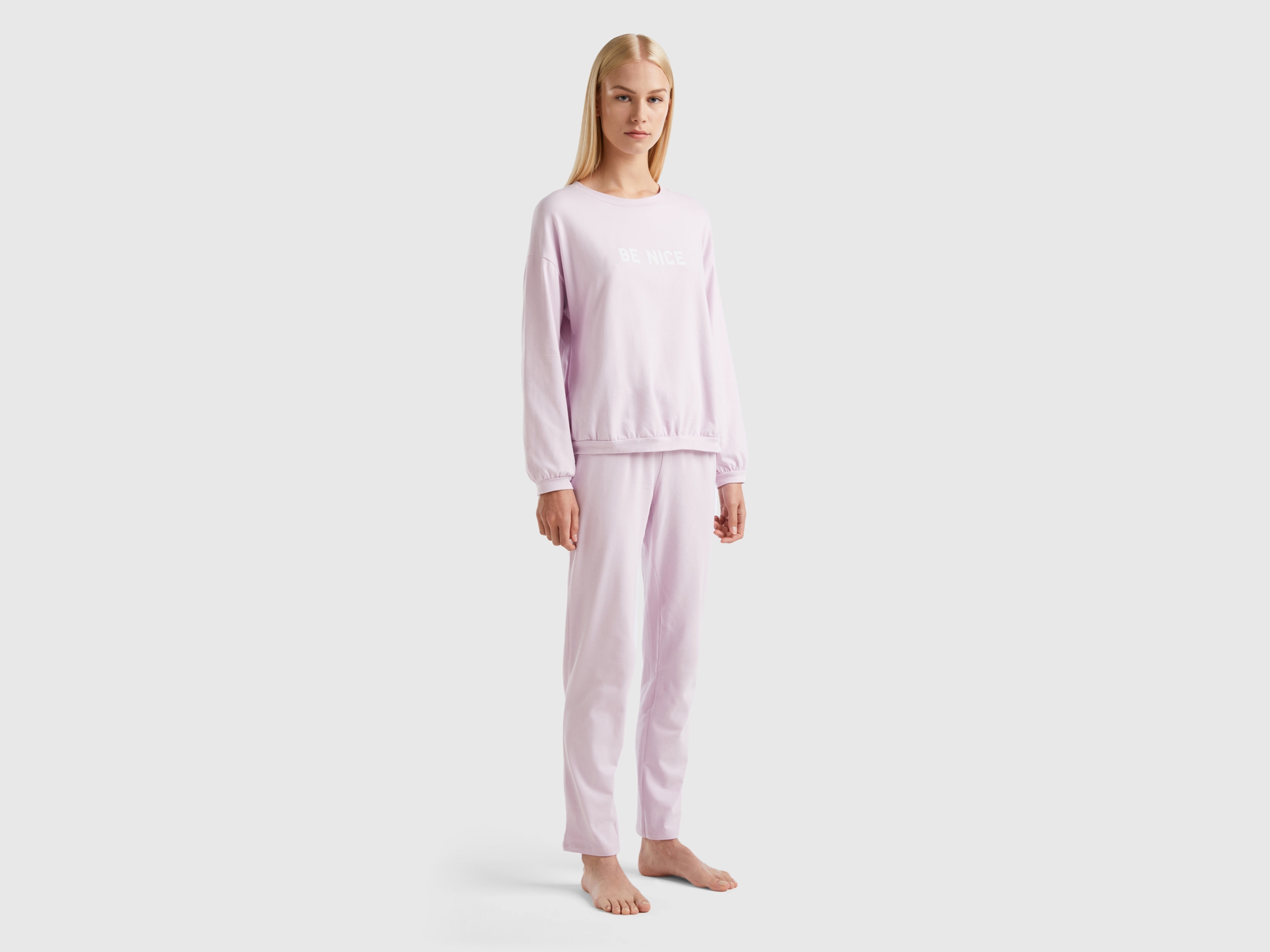 Benetton, Long Pyjamas In Warm Jersey, size M, Soft Pink, Women