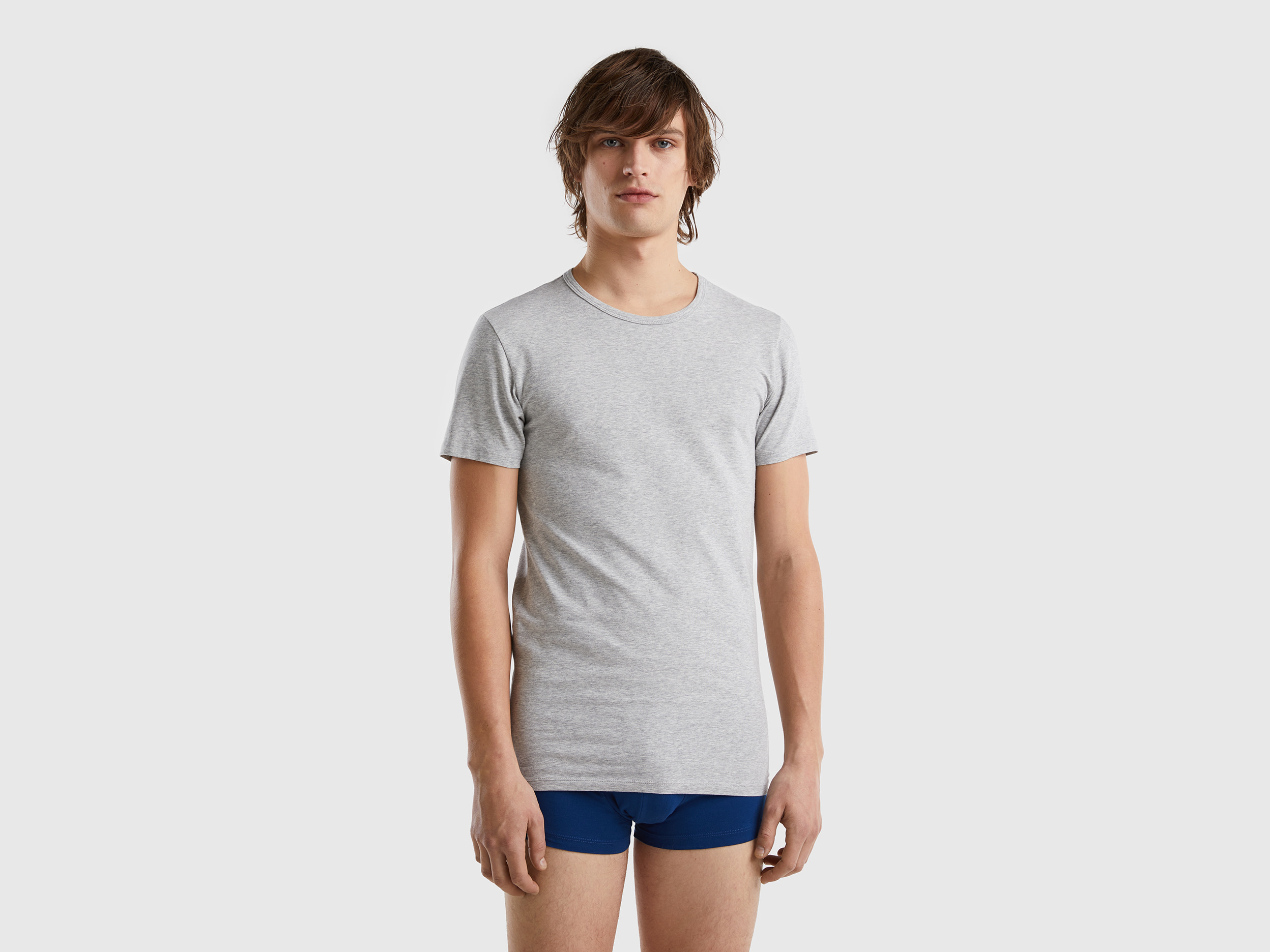 Benetton, Organic Stretch Cotton T-shirt, size L, Light Gray, Men