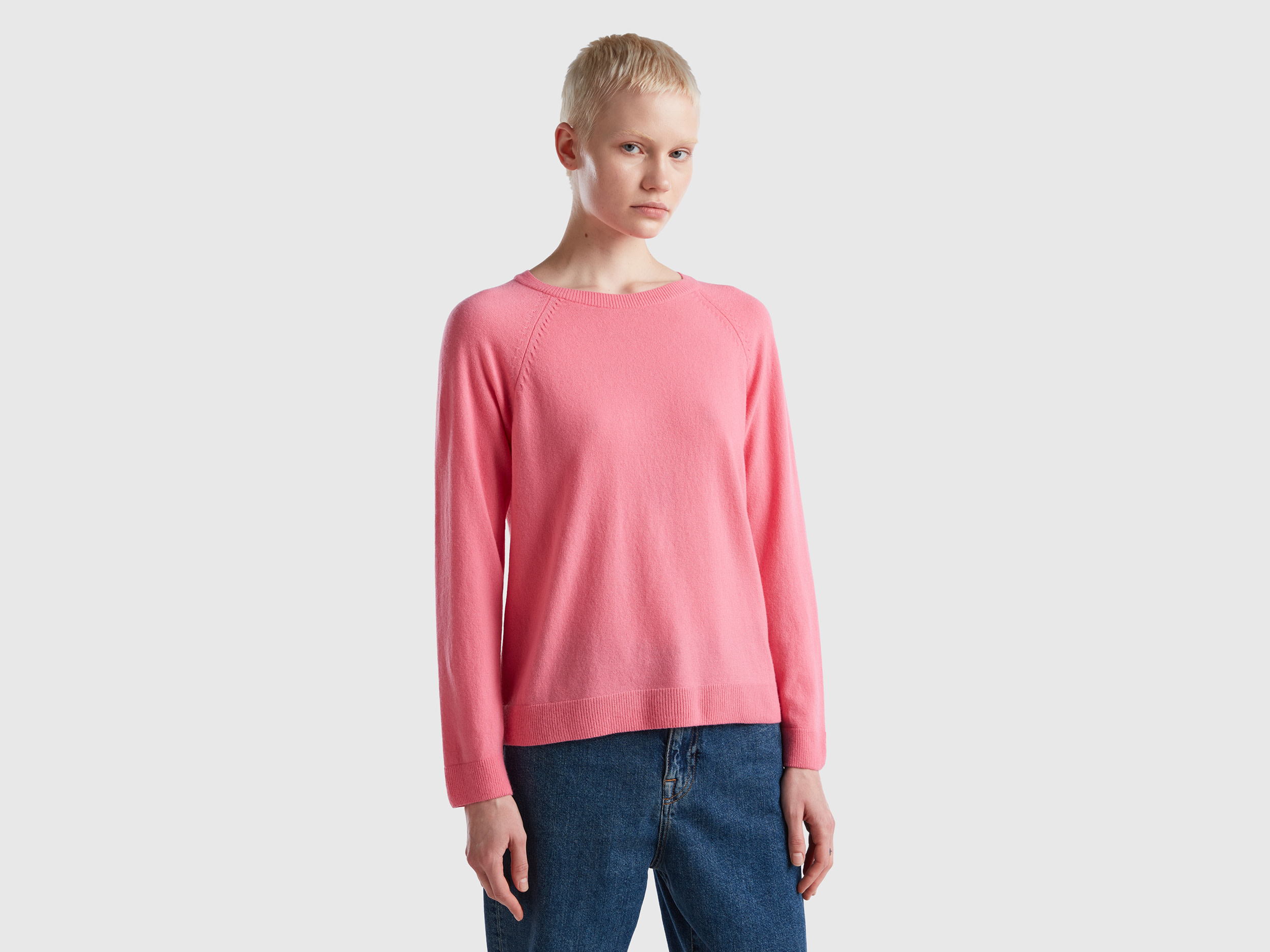 Benetton, Pink Crew Neck Sweater In Cashmere And Wool Blend, size XL, Pink, Women