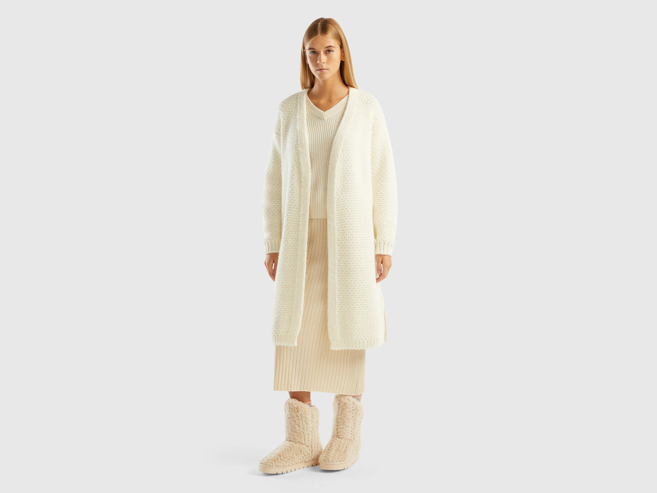 Benetton, Open Cardigan In Alpaca And Wool Blend, size M, White, Women