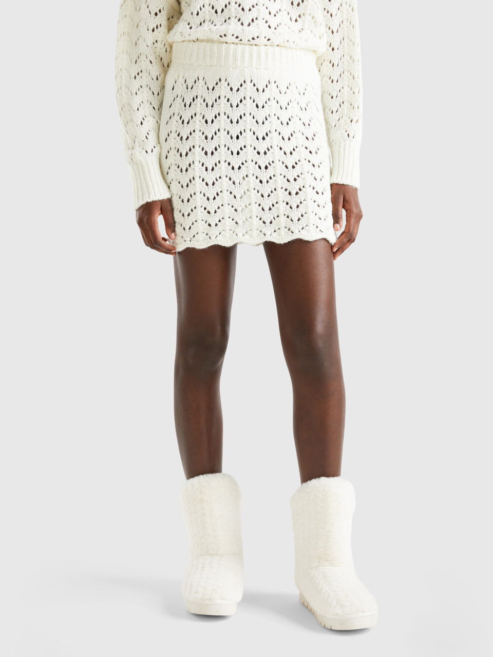 Benetton, Crochet Mini Skirt, White, Women