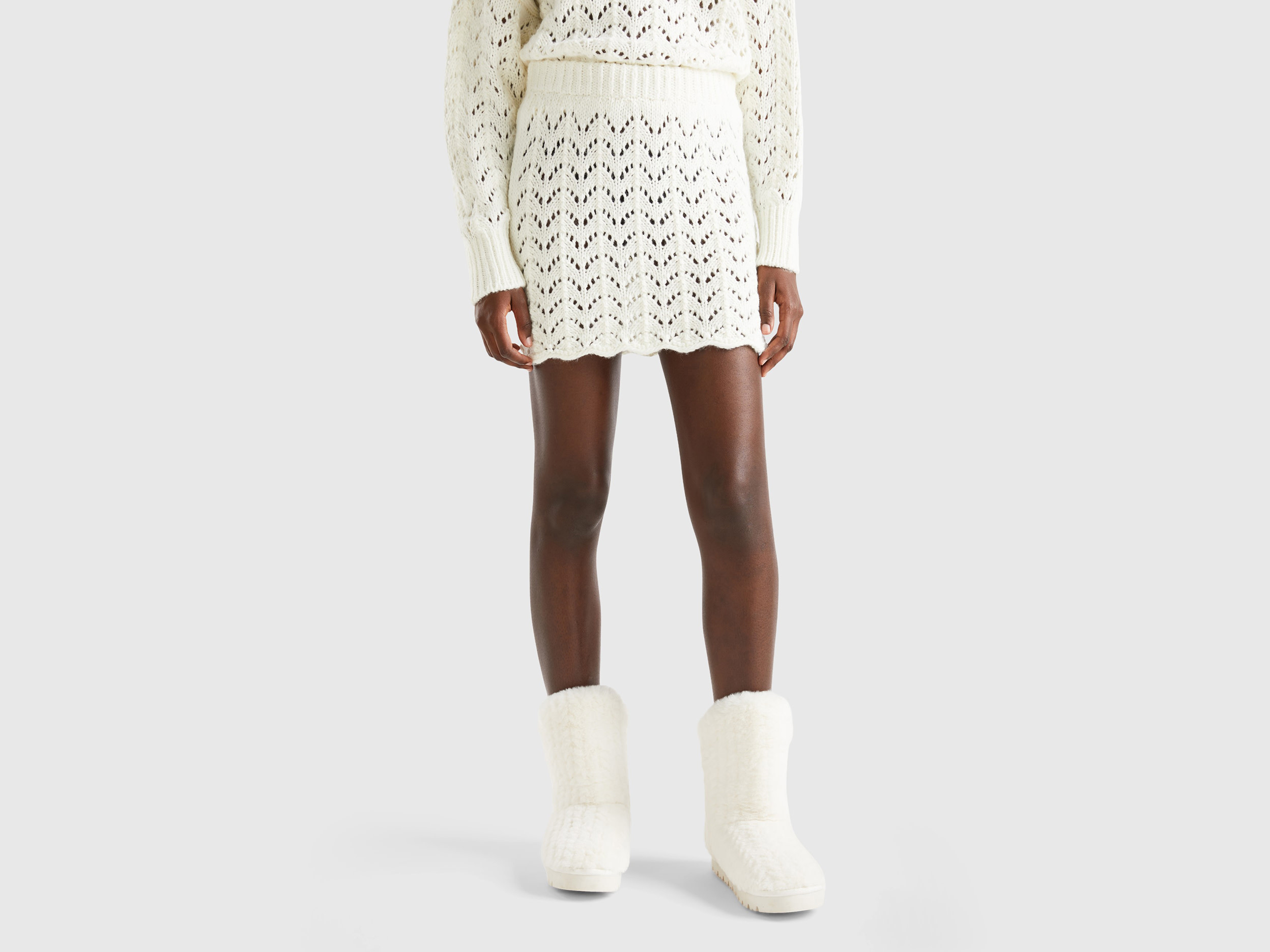Benetton, Crochet Mini Skirt, size L-XL, White, Women