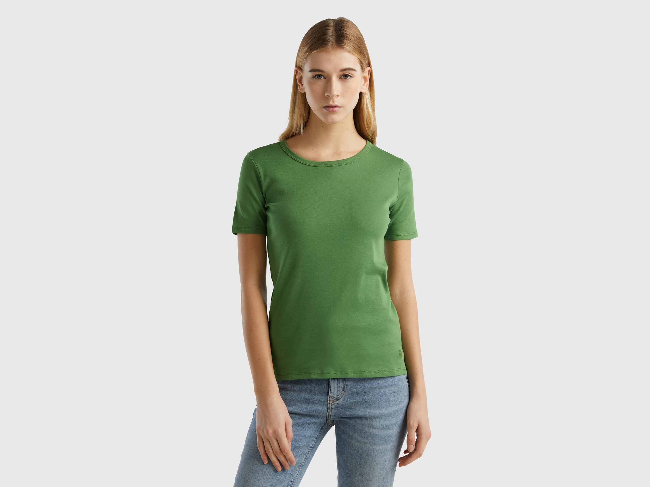 Benetton, Long Fiber Cotton T-shirt, size XXS, Military Green, Women