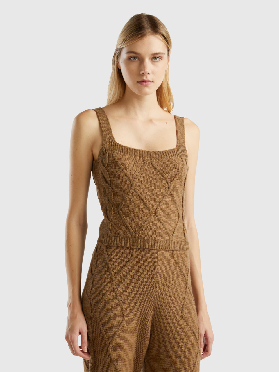 Benetton, Knitted Crop Top With Cables And Diamonds, Camel, Women