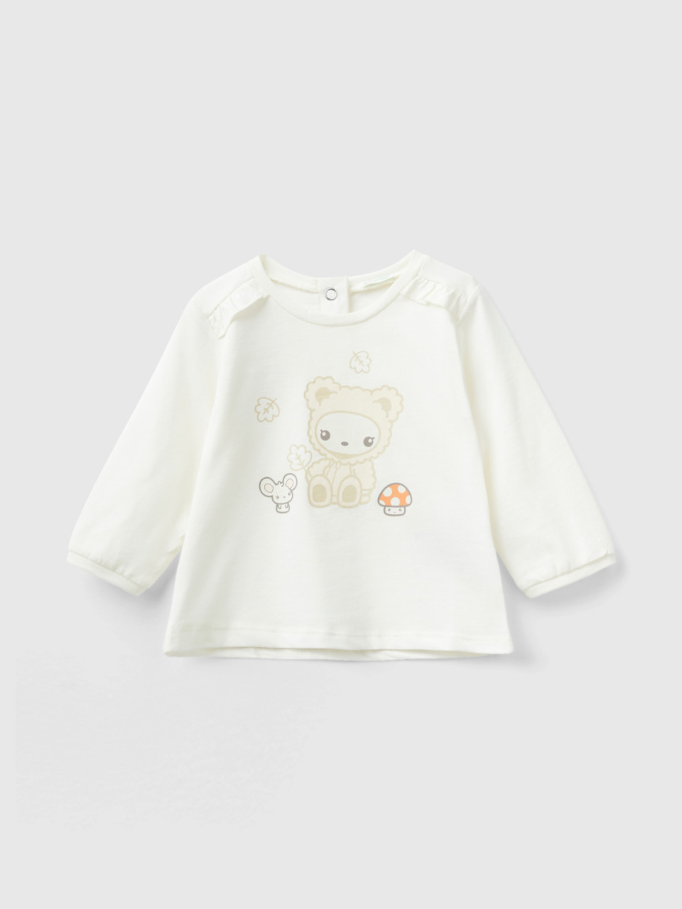 Benetton, T-shirt In Warm Cotton With Rouches, Creamy White, Kids