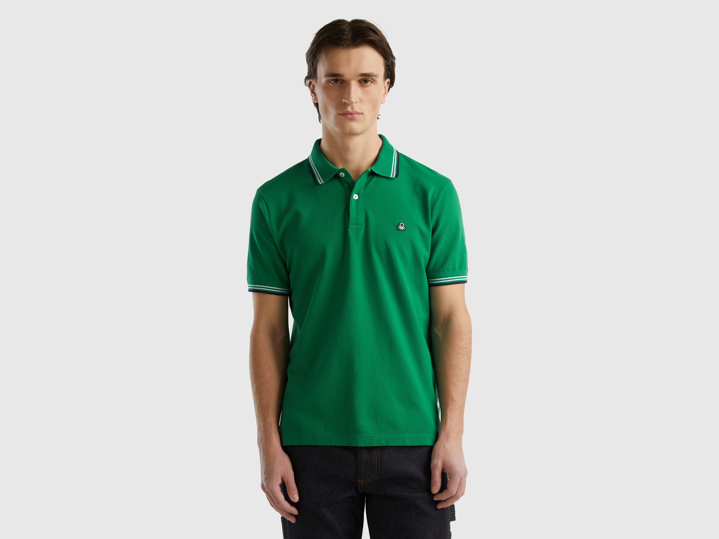 Benetton, Short Sleeve Stretch Cotton Polo, size M, Dark Green, Men
