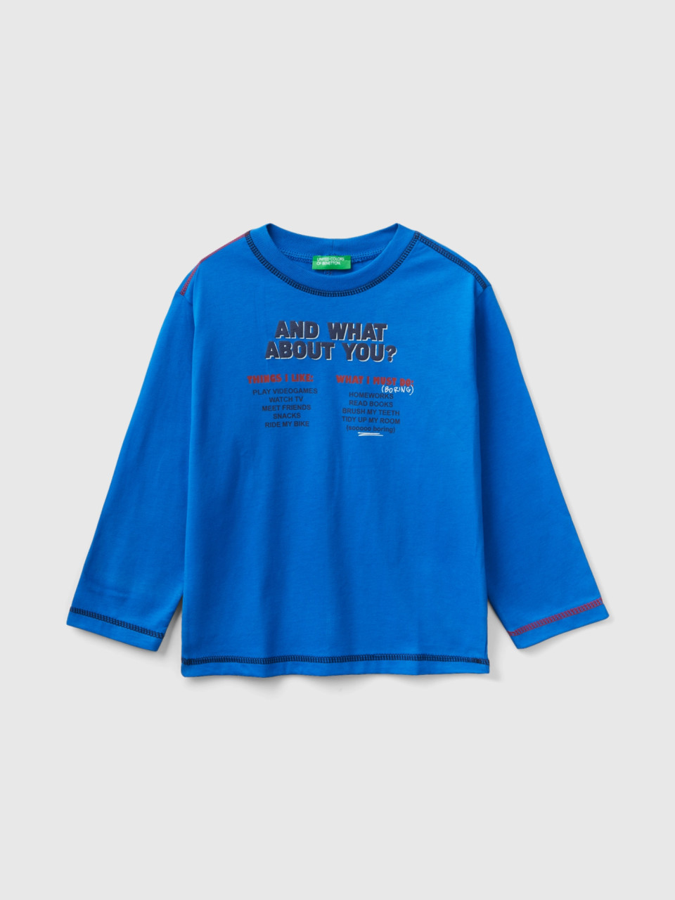 Benetton, T-shirt À Col Rond Et Imprimé, Turquoise, Enfants