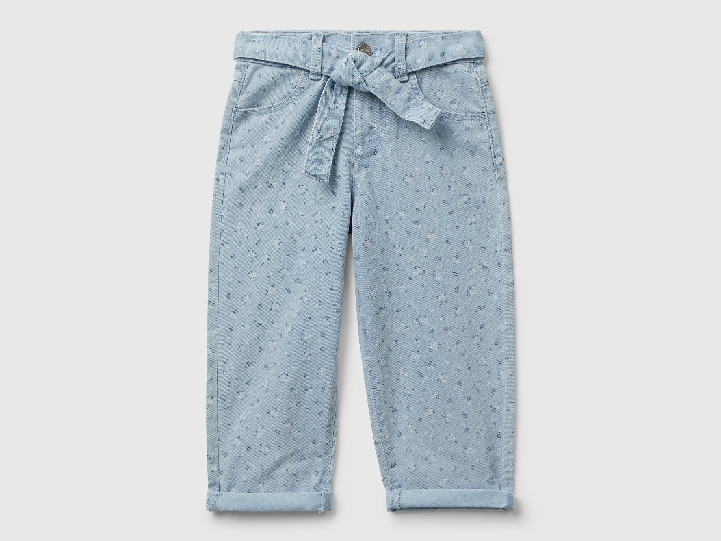 Benetton, Floral Jeans With Sash, size 82, Light Blue, Kids