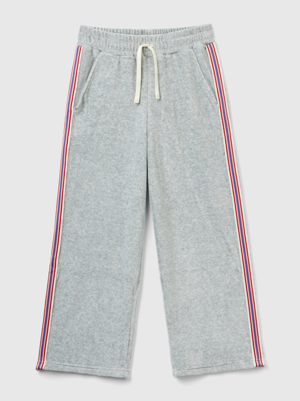 Benetton, Chenille Trousers With Striped Bands, Light Gray, Kids