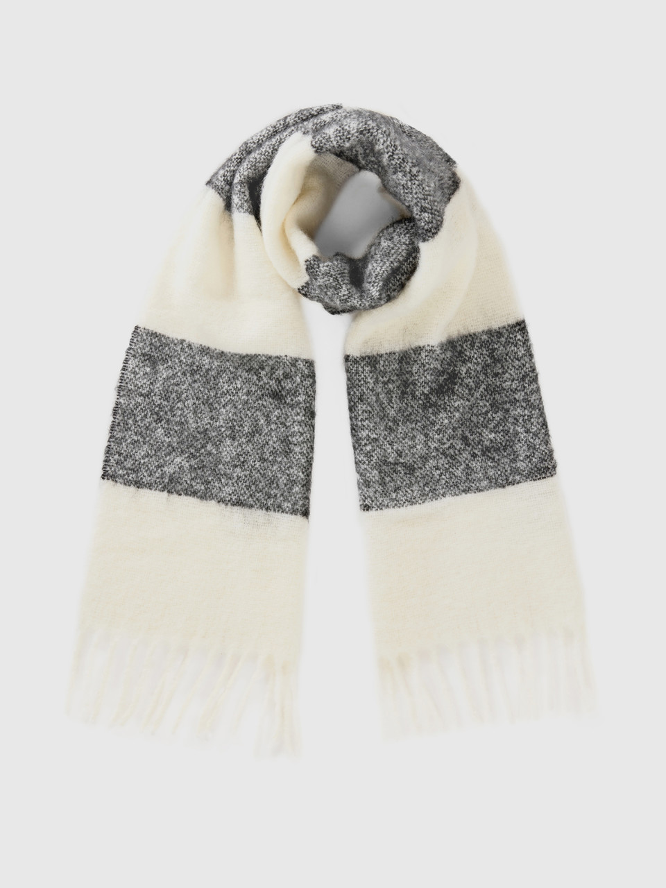 Benetton, Striped Scarf In Recycled Fabric And Wool Blend, Gray, Women