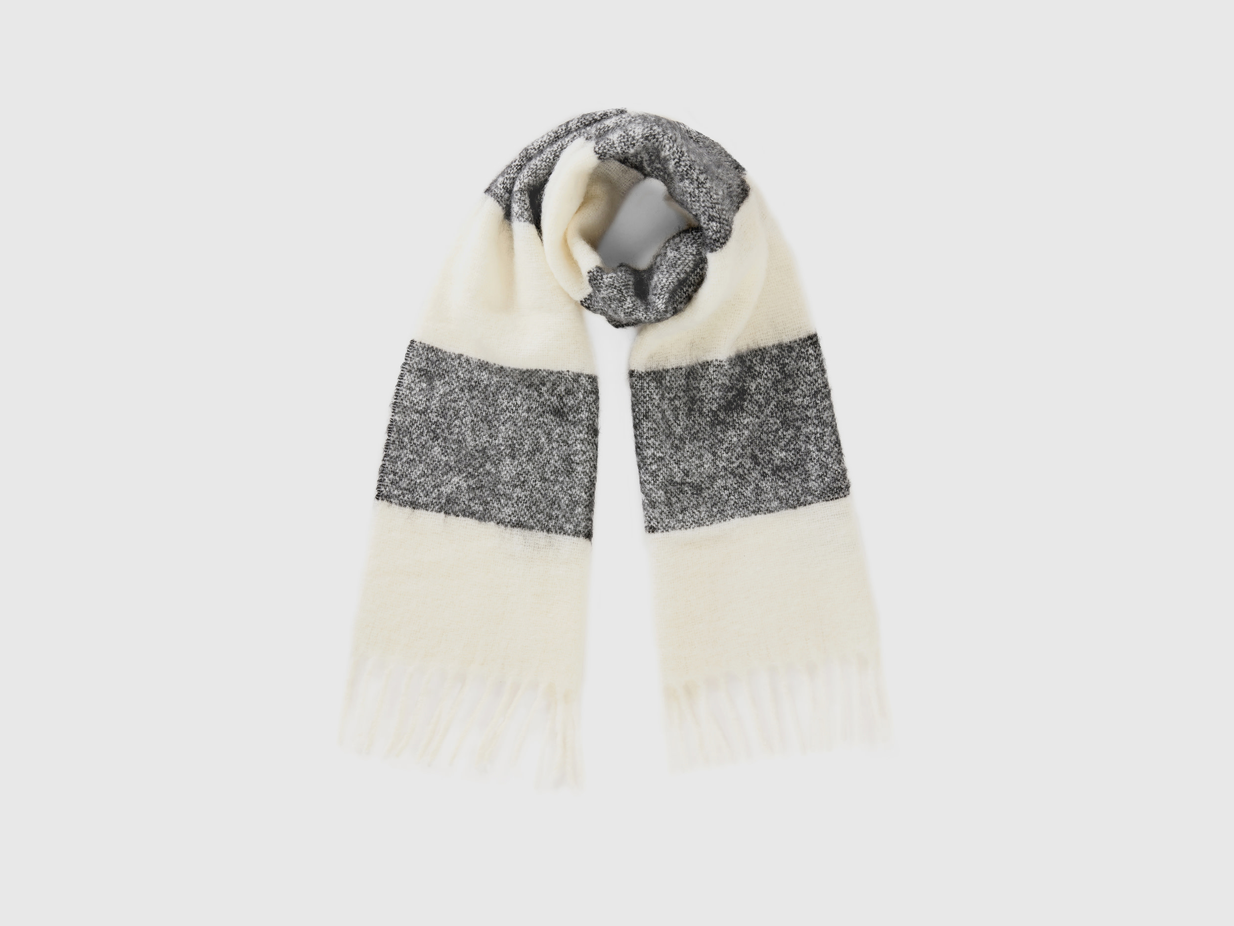 Benetton, Striped Scarf In Recycled Fabric And Wool Blend, size OS, Gray, Women