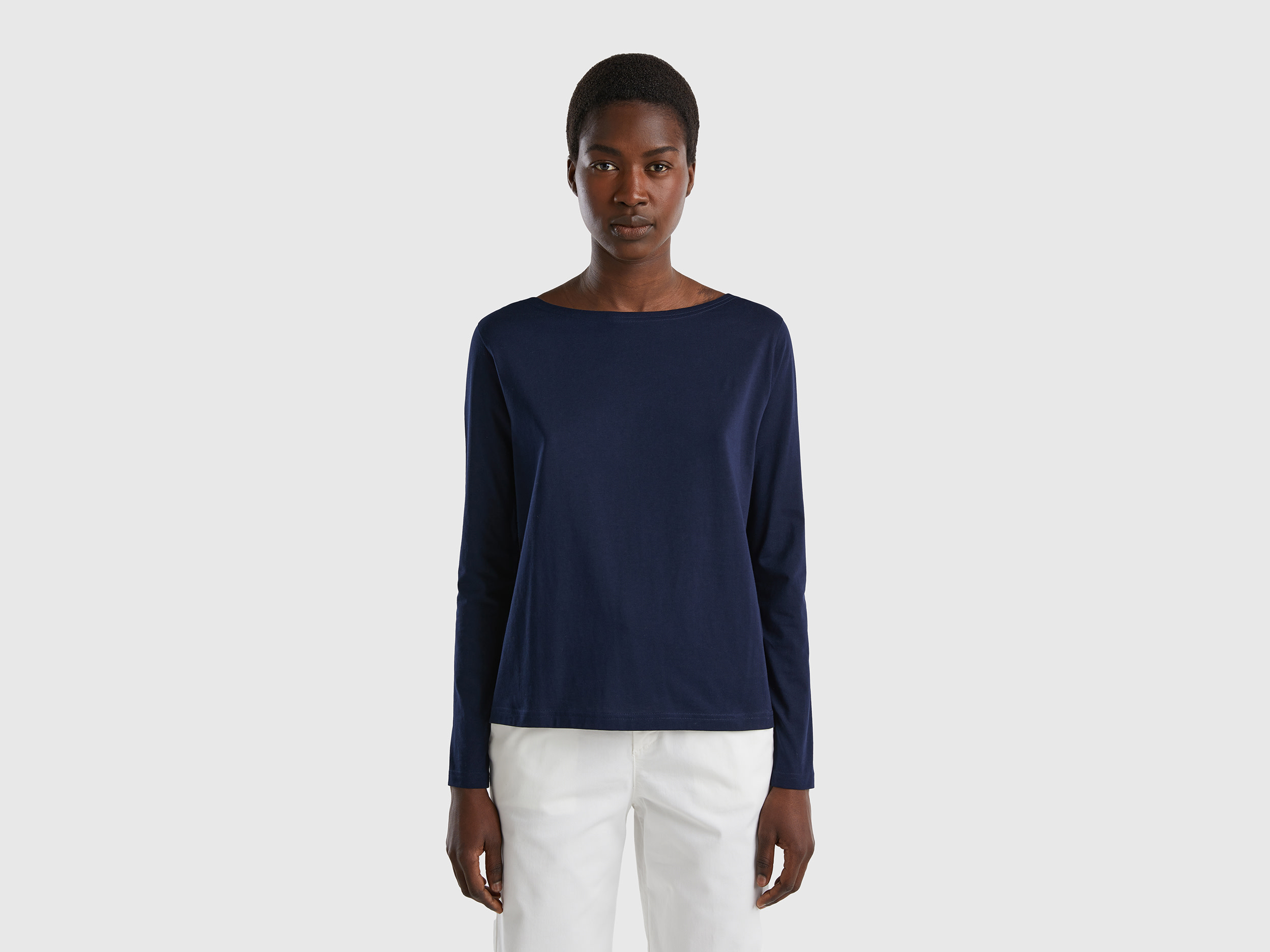 Benetton, T-shirt With Boat Neck In 100% Cotton, size XS, Dark Blue, Women