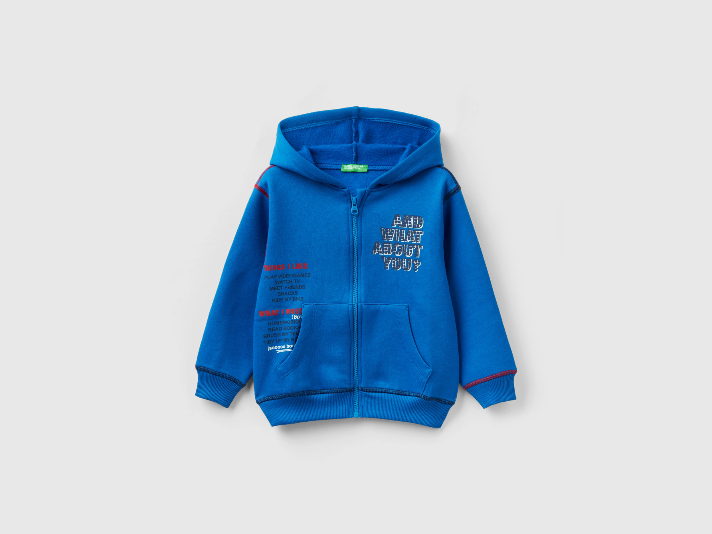 Benetton, Oversized Sweatshirt With Hood And Print, size 2-3, Bright Blue, Kids