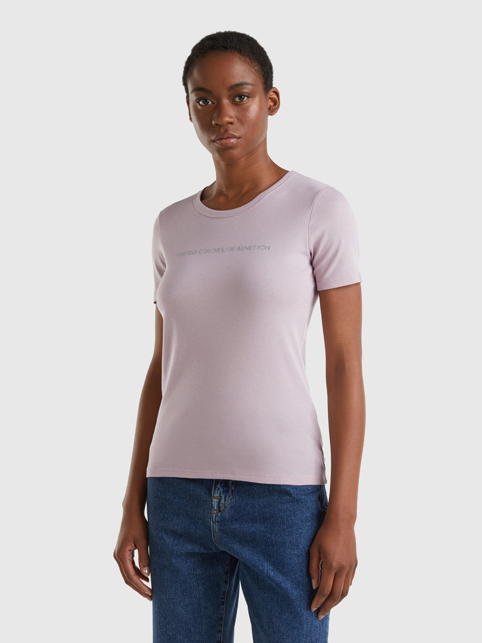 Benetton, T-shirt 100% Coton Avec Logo Imprimé Pailleté, Lilas, Femme