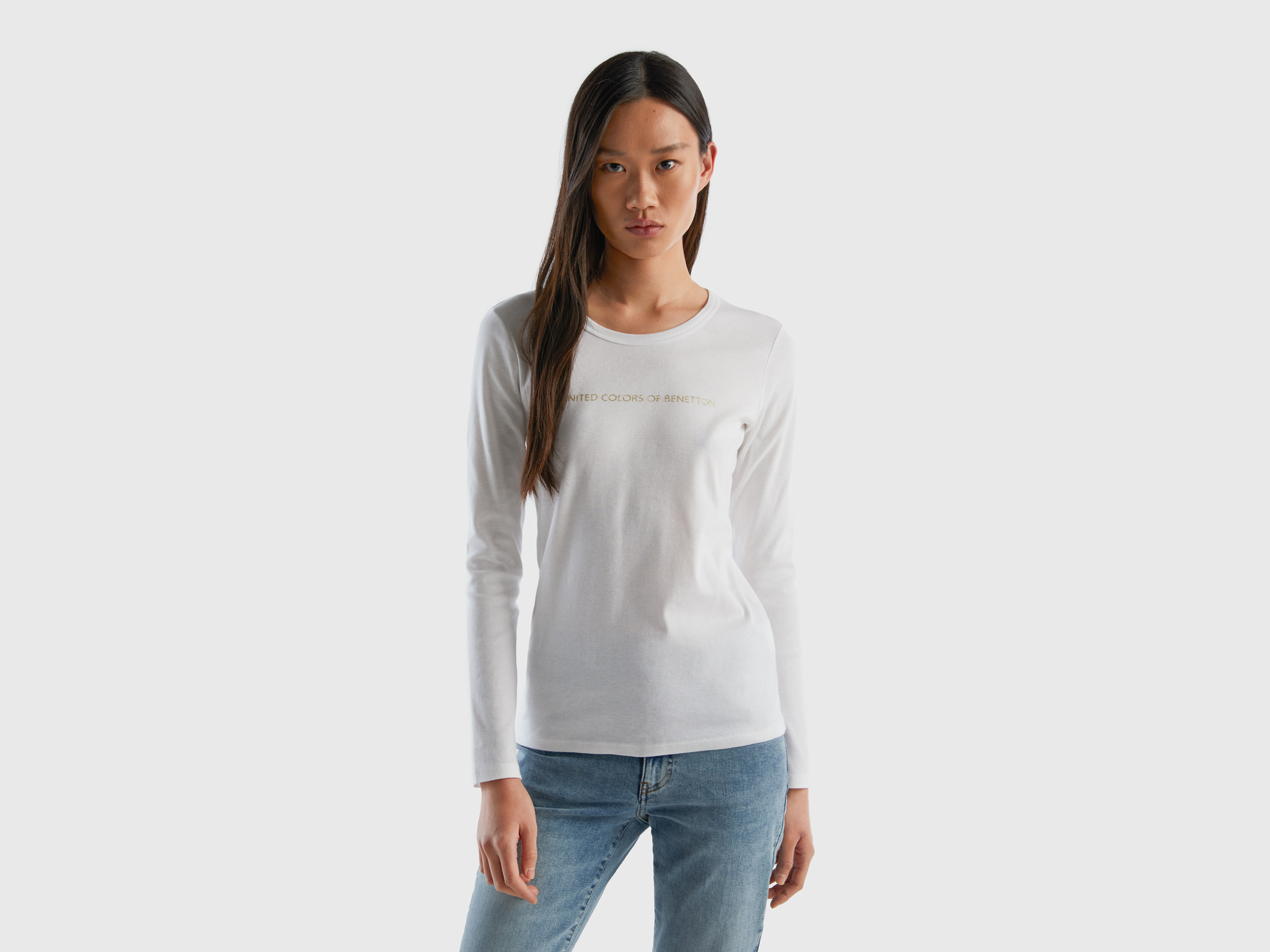 Benetton, Long Sleeve White T-shirt In 100% Cotton, size L, White, Women