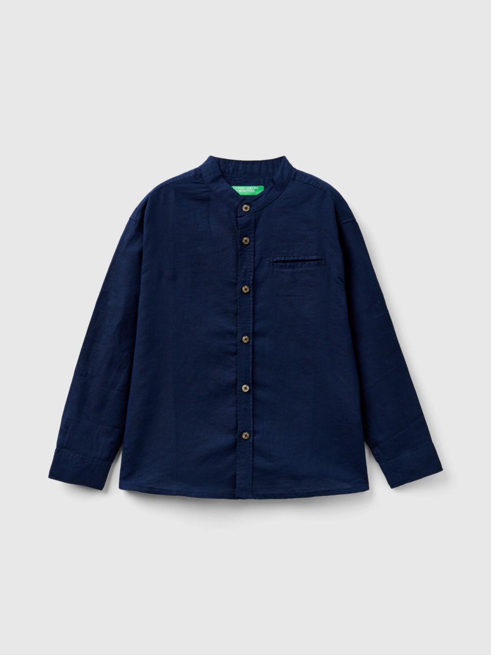 Benetton, Camisa De Lino Mixto Con Cuello Mao, Azul Oscuro, Niños