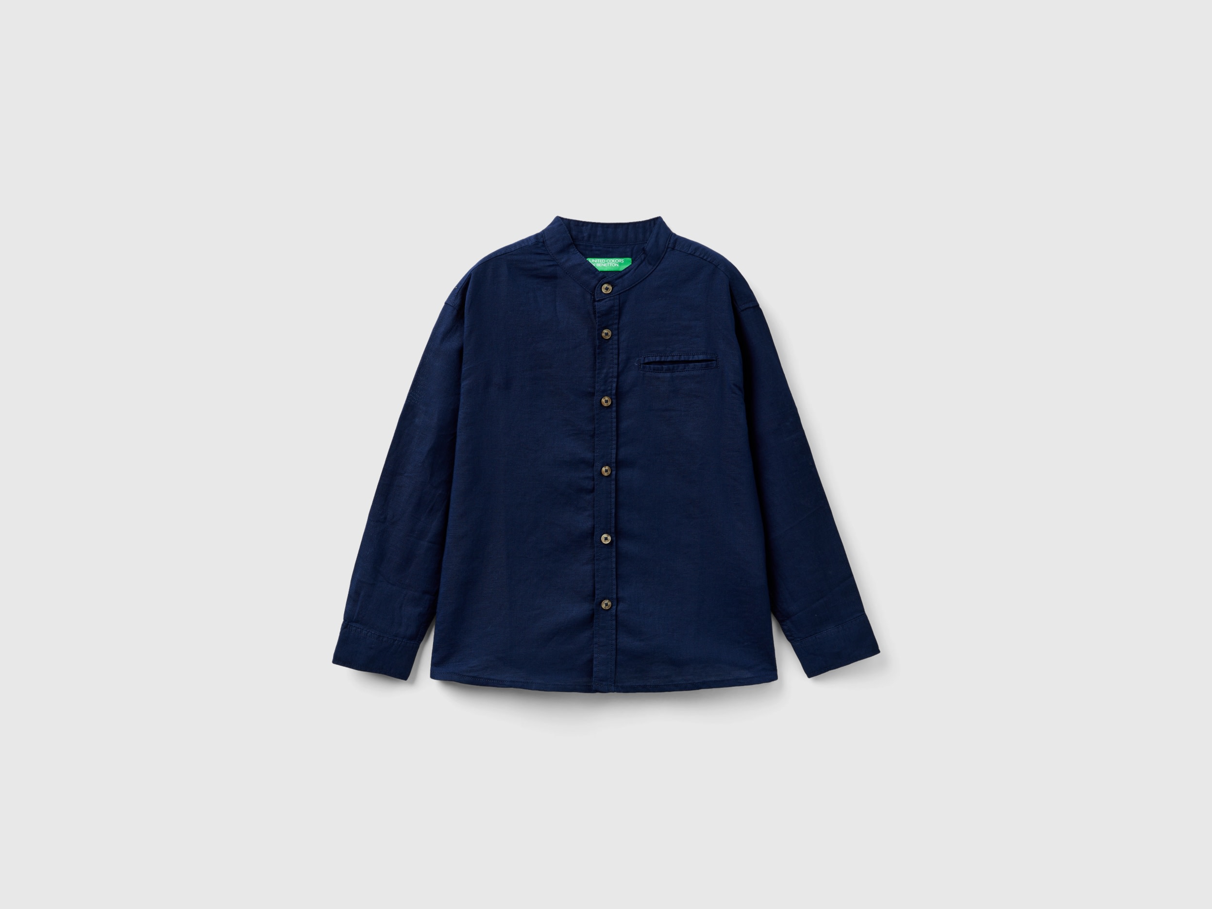 Benetton, Camicia Alla Coreana In Misto Lino, Blu Scuro, Bambini