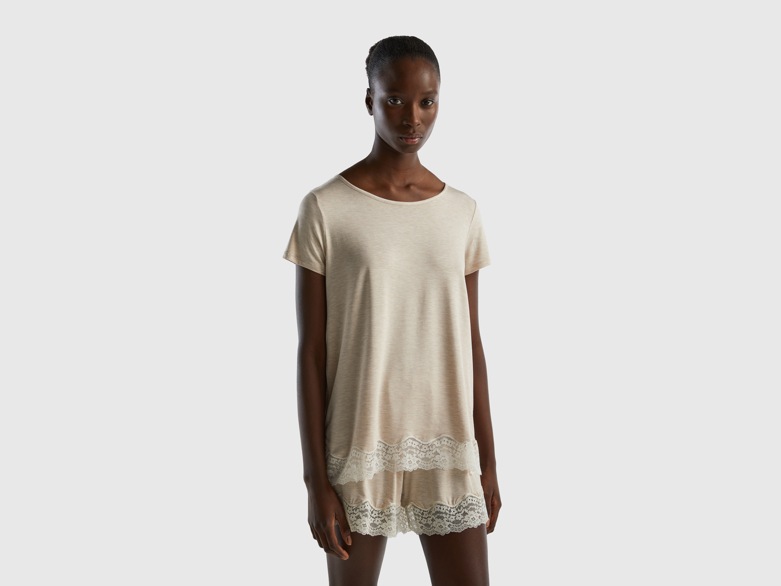 Benetton, Flowy Short Sleeve T-shirt With Lace, size S, Beige, Women