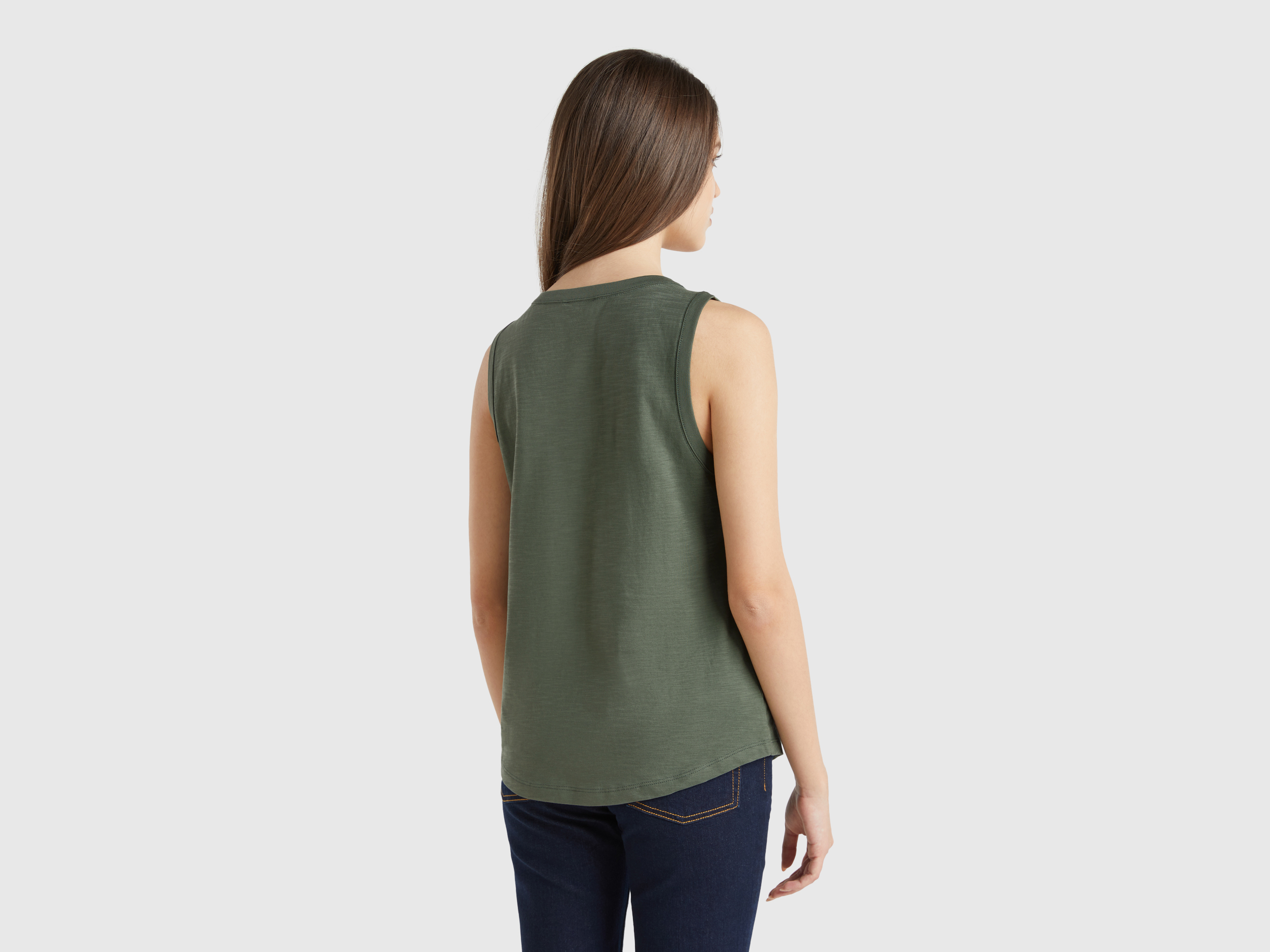 Benetton, Φανέλα Από Ελαφρύ Βαμβακερό, size XXS, Χακι, Γυναικεία φωτογραφία