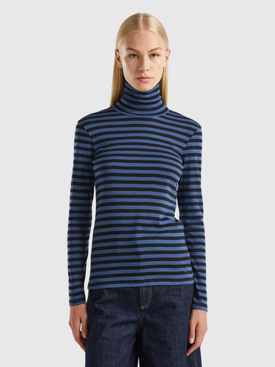 Benetton, Striped Turtleneck T-shirt, Blue, Women