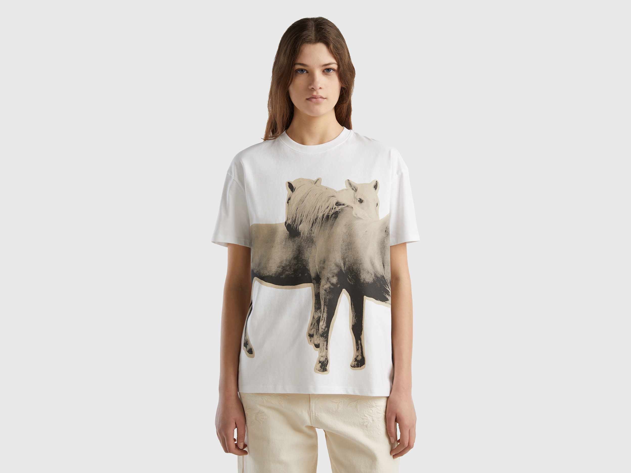 Benetton, Warm T-shirt With Horse Print, size XXS, White, Women