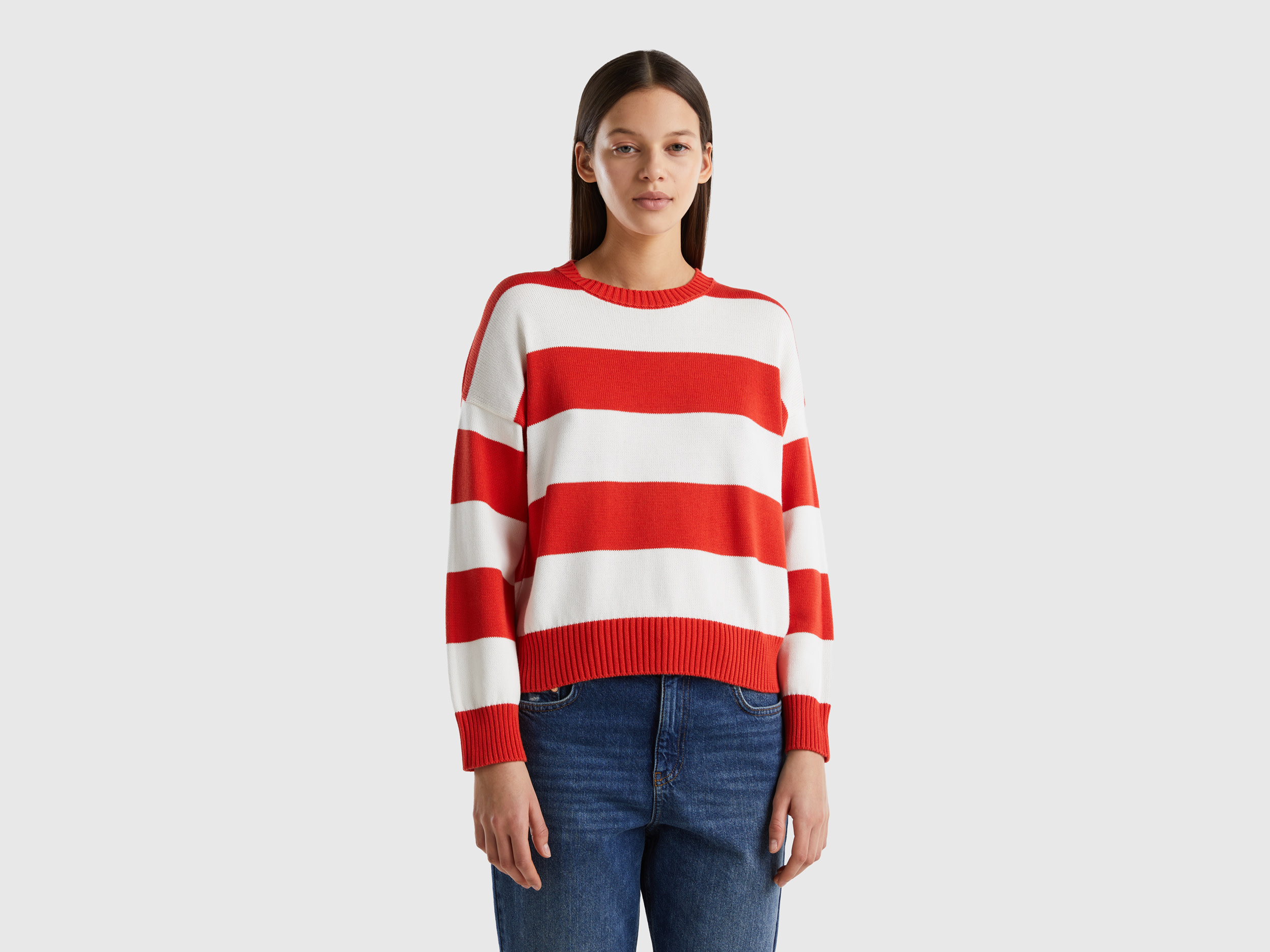 Benetton, Striped Sweater In Tricot Cotton, size XS, Red, Women