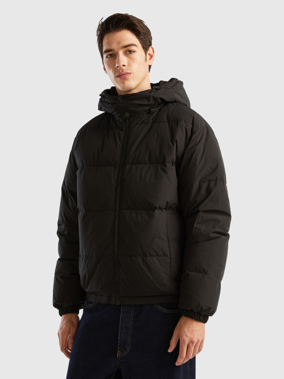 Benetton, Padded Jacket With Removable Hood, Black, Men