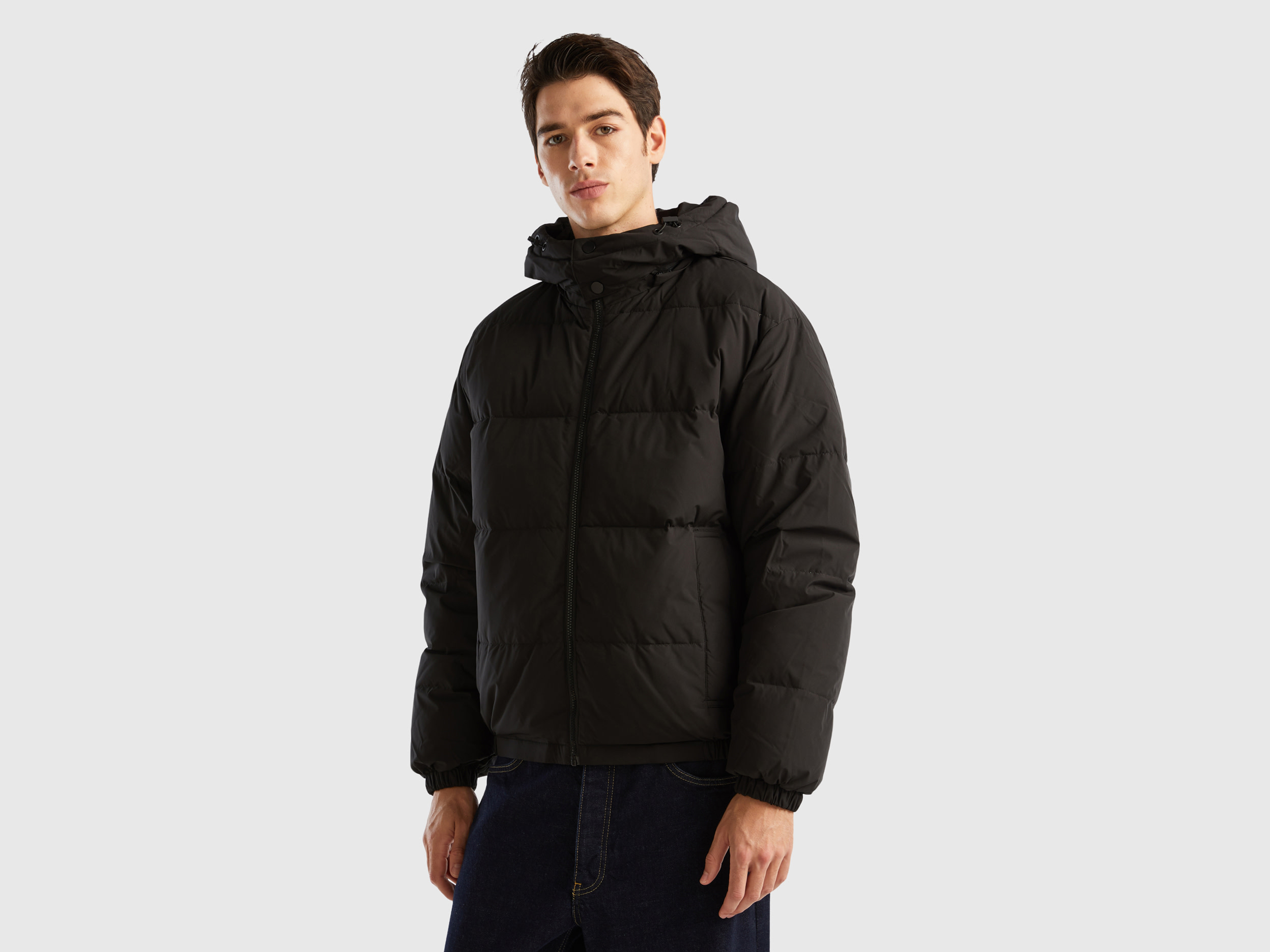 Benetton, Padded Jacket With Removable Hood, size S, Black, Men