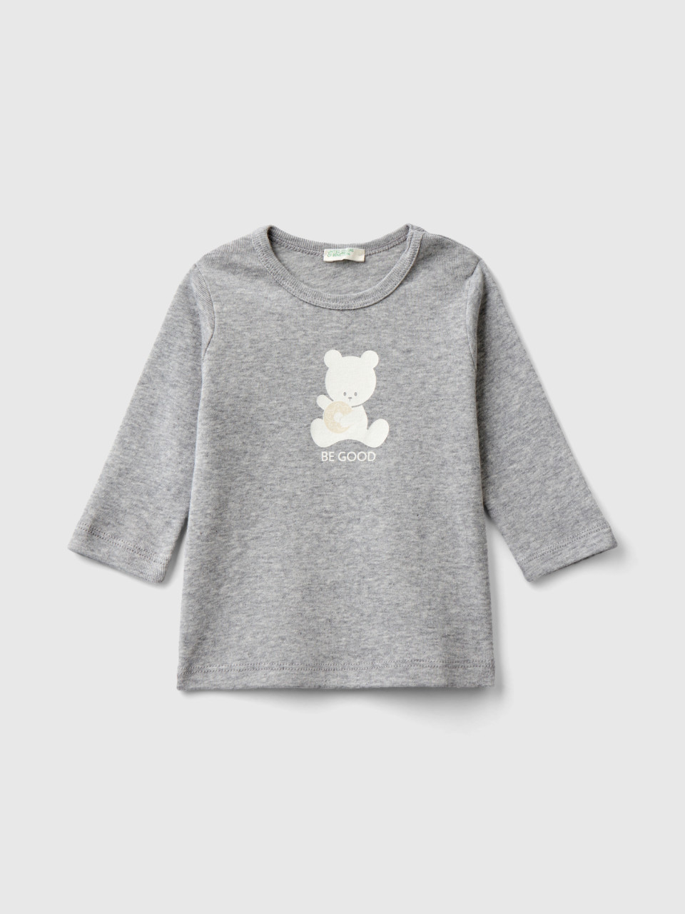Benetton, Long Sleeve 100% Organic Cotton T-shirt, Light Gray, Kids