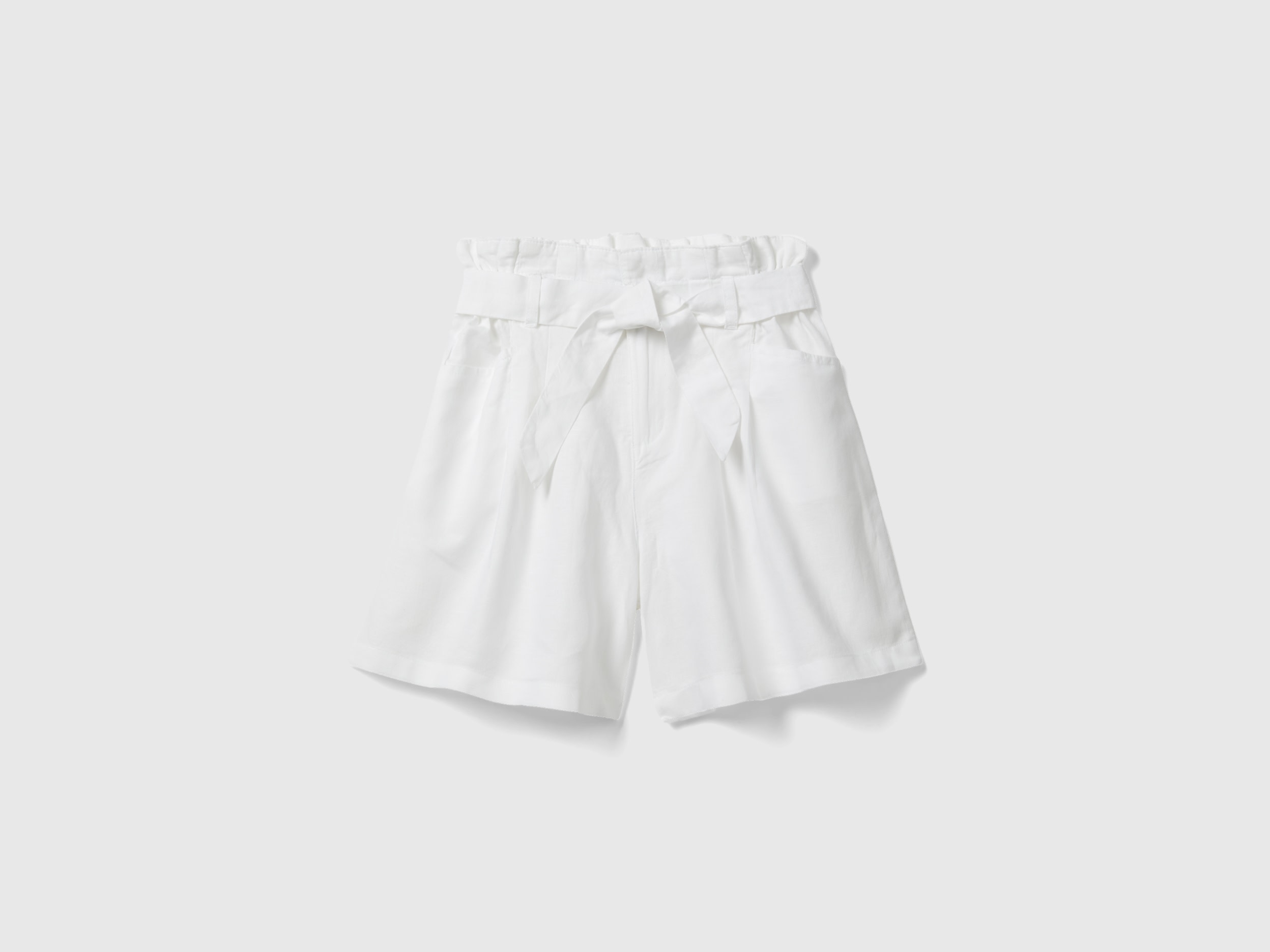 Benetton, Bermuda Paperbag In Misto Lino, Bianco, Bambini