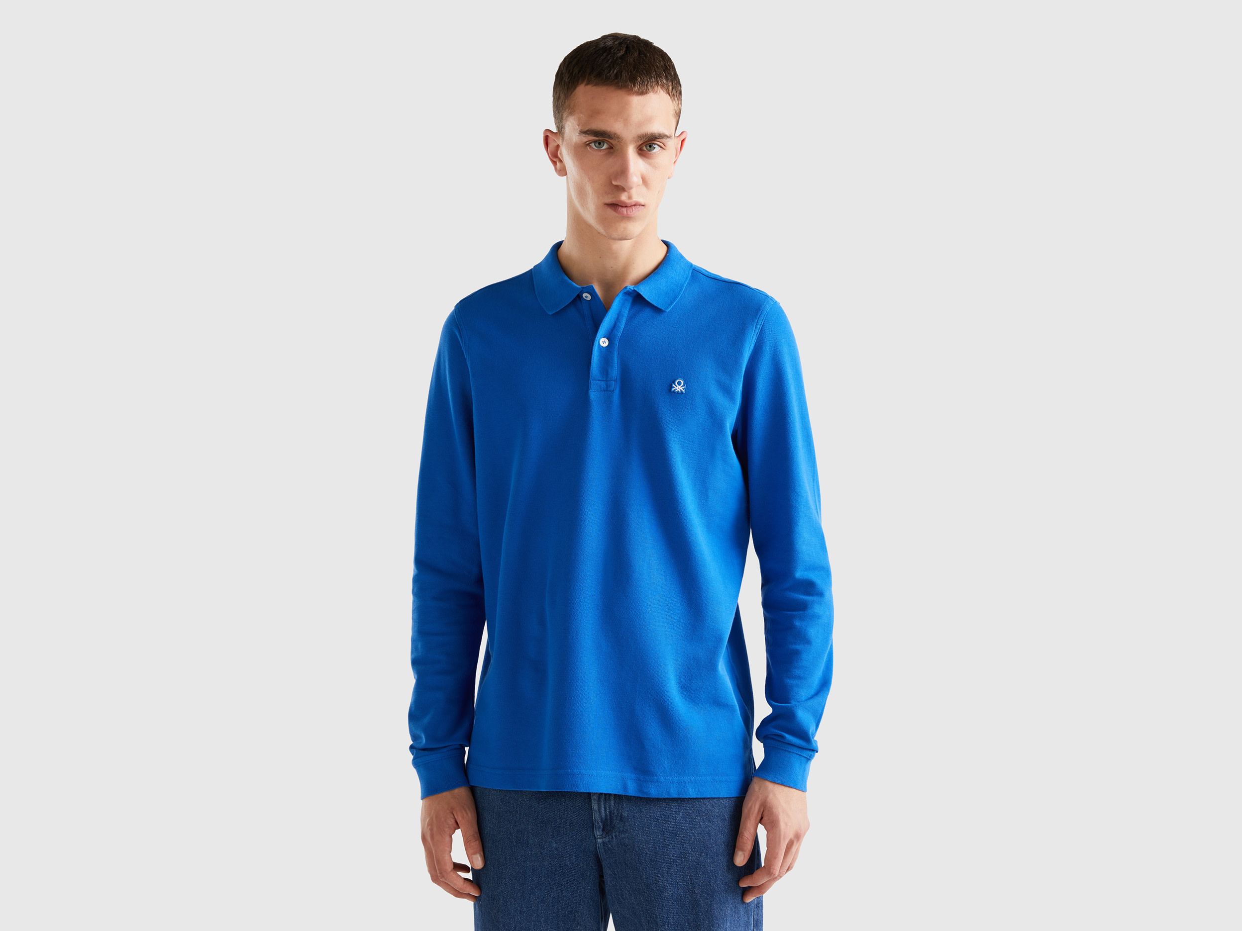 Benetton, Long Sleeve 100% Cotton Polo, size M, Bright Blue, Men