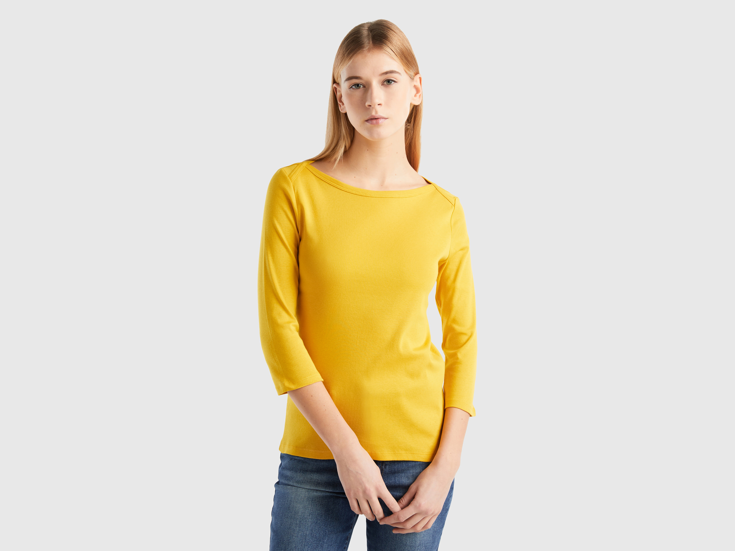 Benetton, T-shirt With Boat Neck In 100% Cotton, size L, Yellow, Women