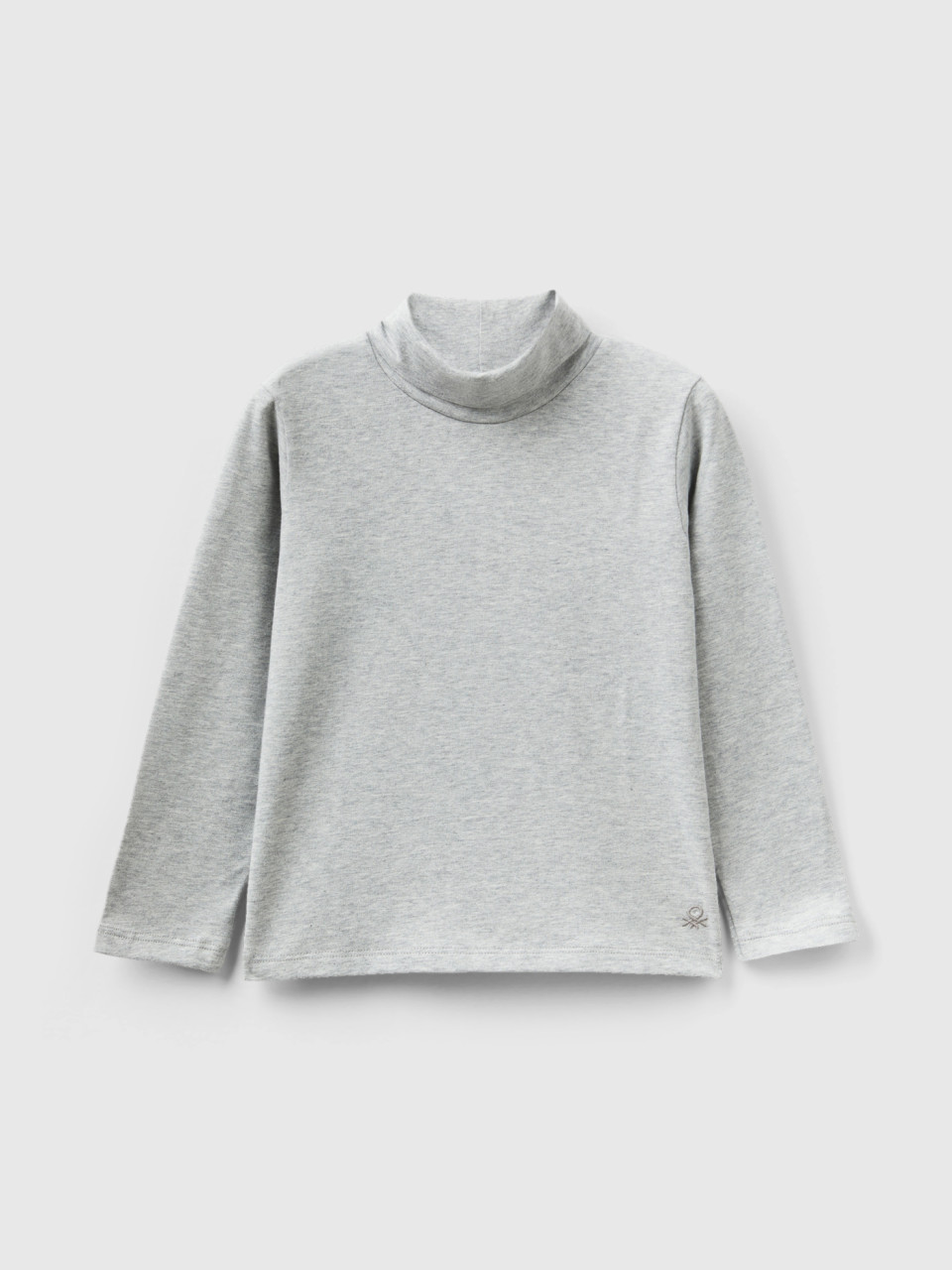 Benetton, Turtleneck T-shirt In Stretch Cotton, Light Gray, Kids