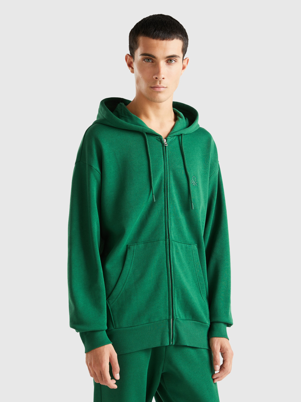 Benetton, Warm Hoodie With Zip, Green, Men