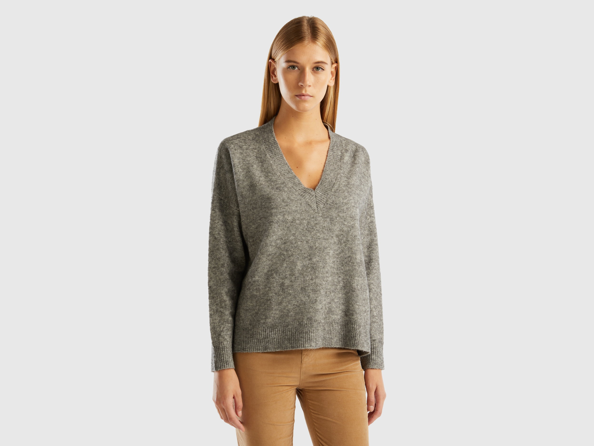 Benetton, V-neck Sweater In Recycled Yarn, size M, Dark Gray, Women