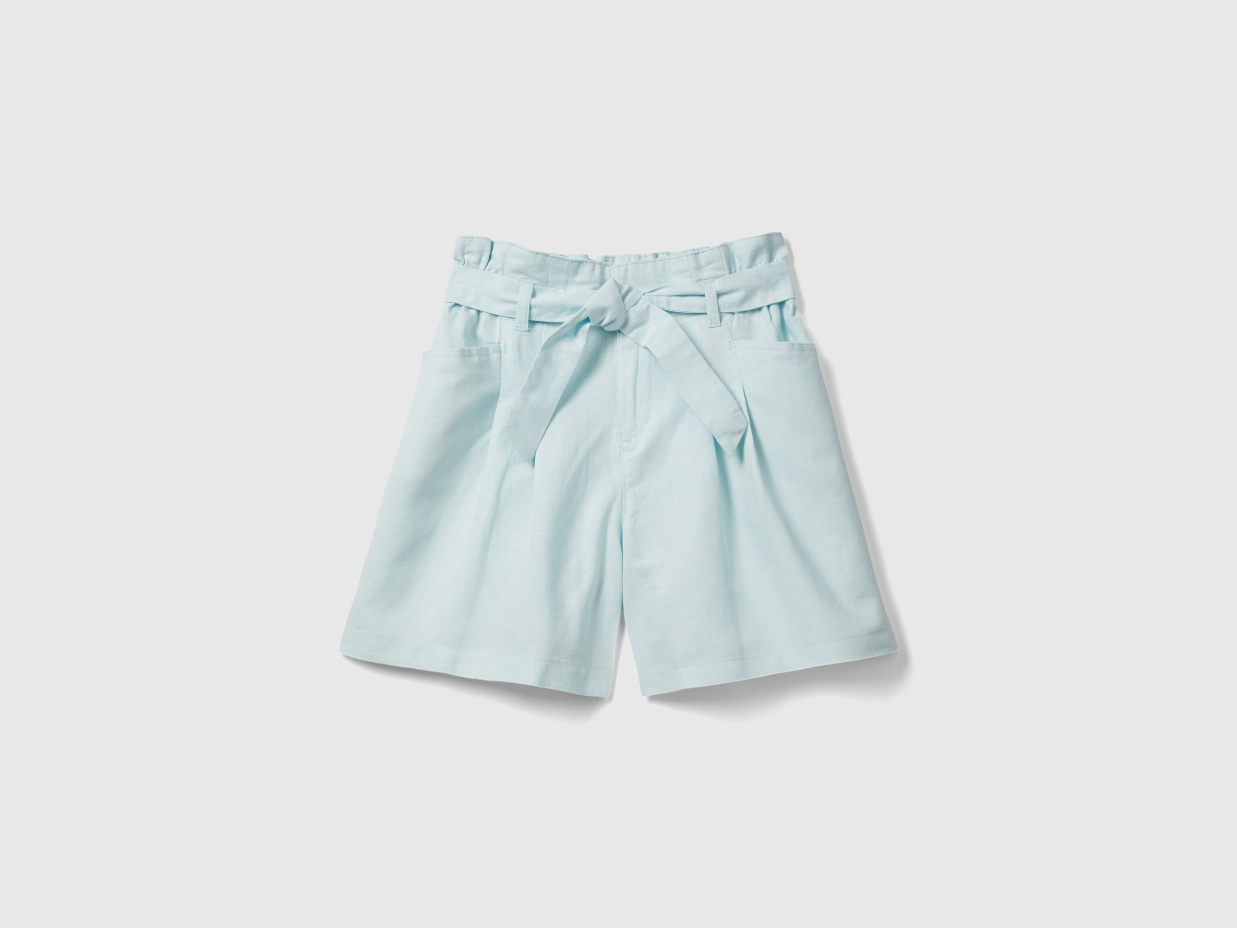 Benetton, Bermuda Paperbag In Misto Lino, Verde Acqua, Bambini