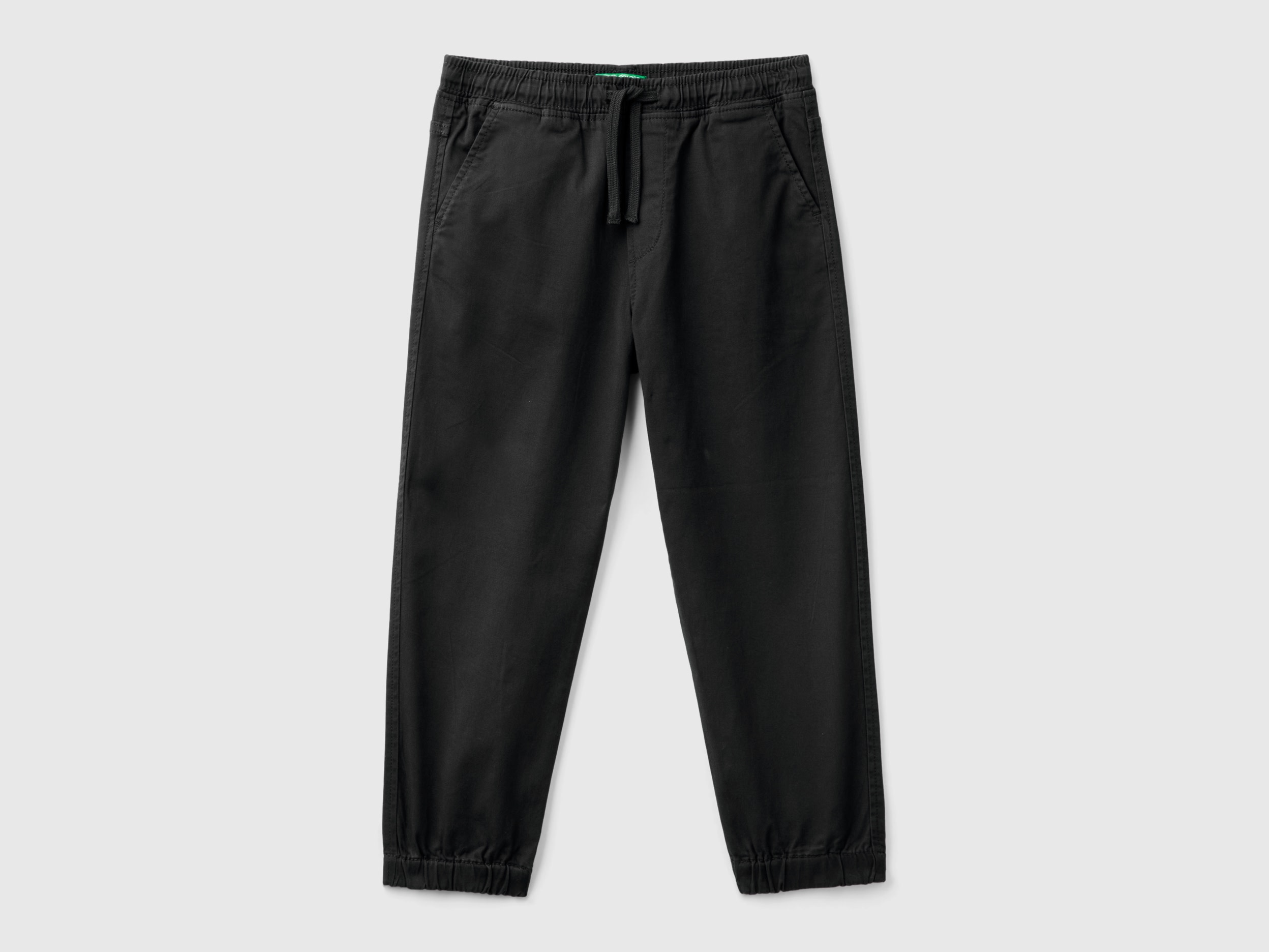 Benetton, Joggers In Cotone Stretch Con Coulisse, Nero, Bambini