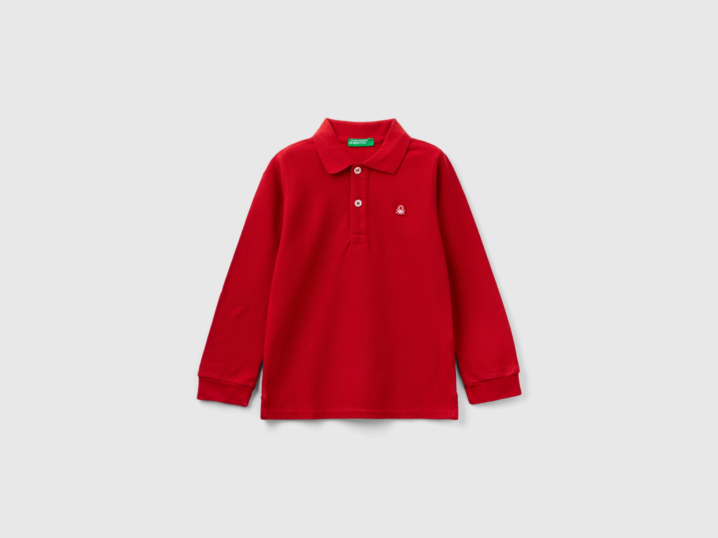 Benetton, Long Sleeve Polo In Organic Cotton, size 18-24, Red, Kids