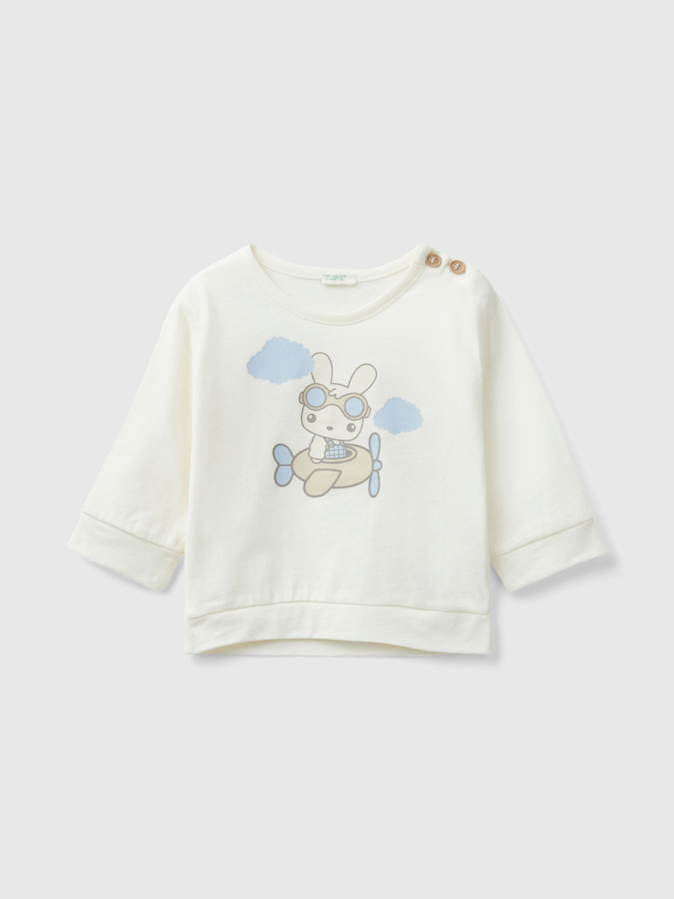 Benetton, Warm T-shirt With Bunny Print, Creamy White, Kids