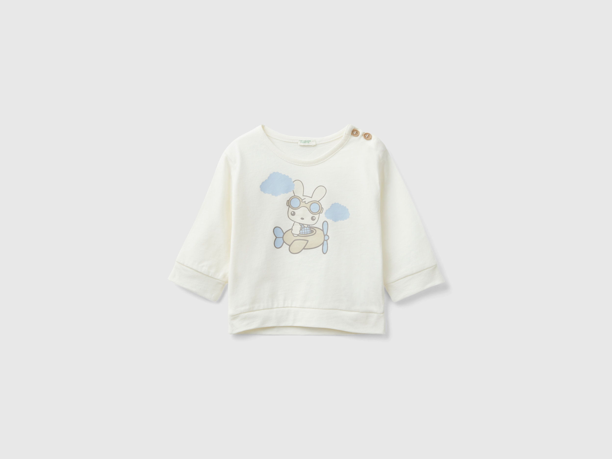 Benetton, Warm T-shirt With Bunny Print, size 0-1, Creamy White, Kids