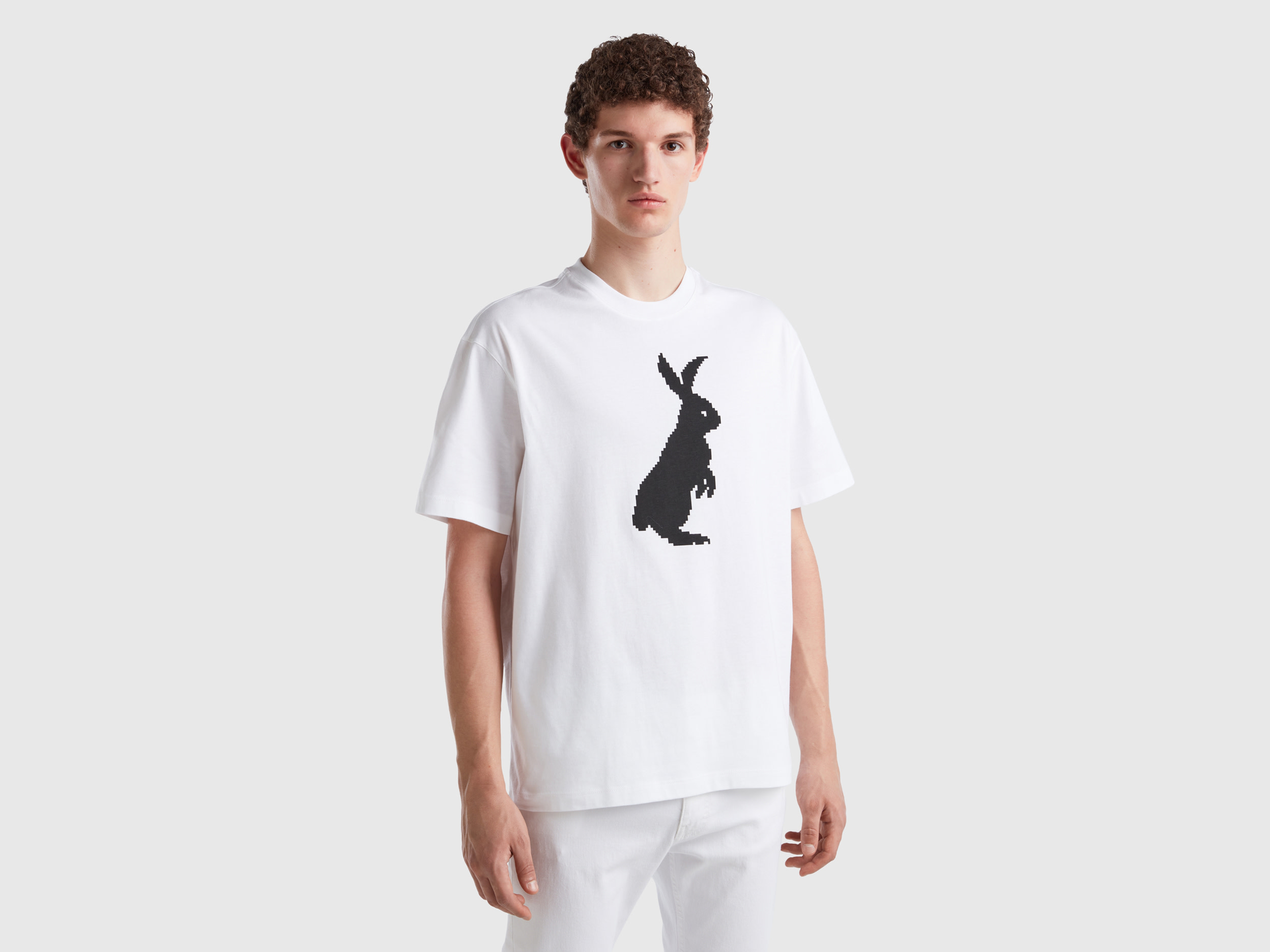 Benetton, White T-shirt With Bunny Print, size XXL, White, Men