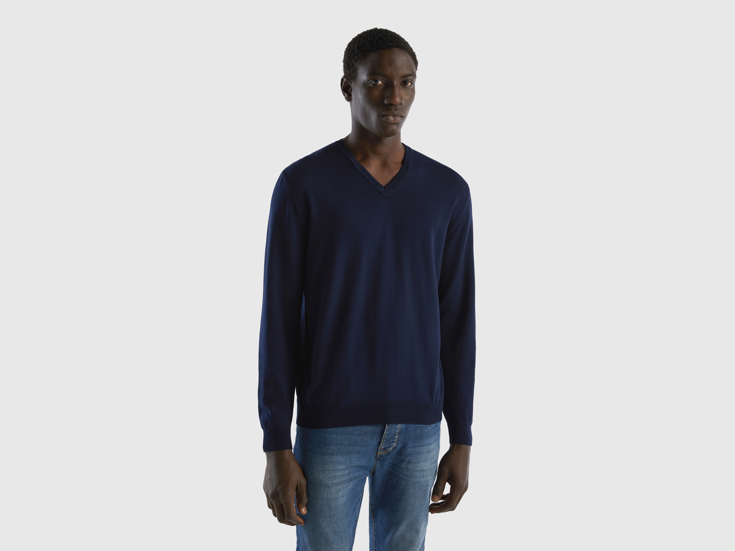 Benetton, V-neck Sweater In Pure Cotton, size XL, Dark Blue, Men