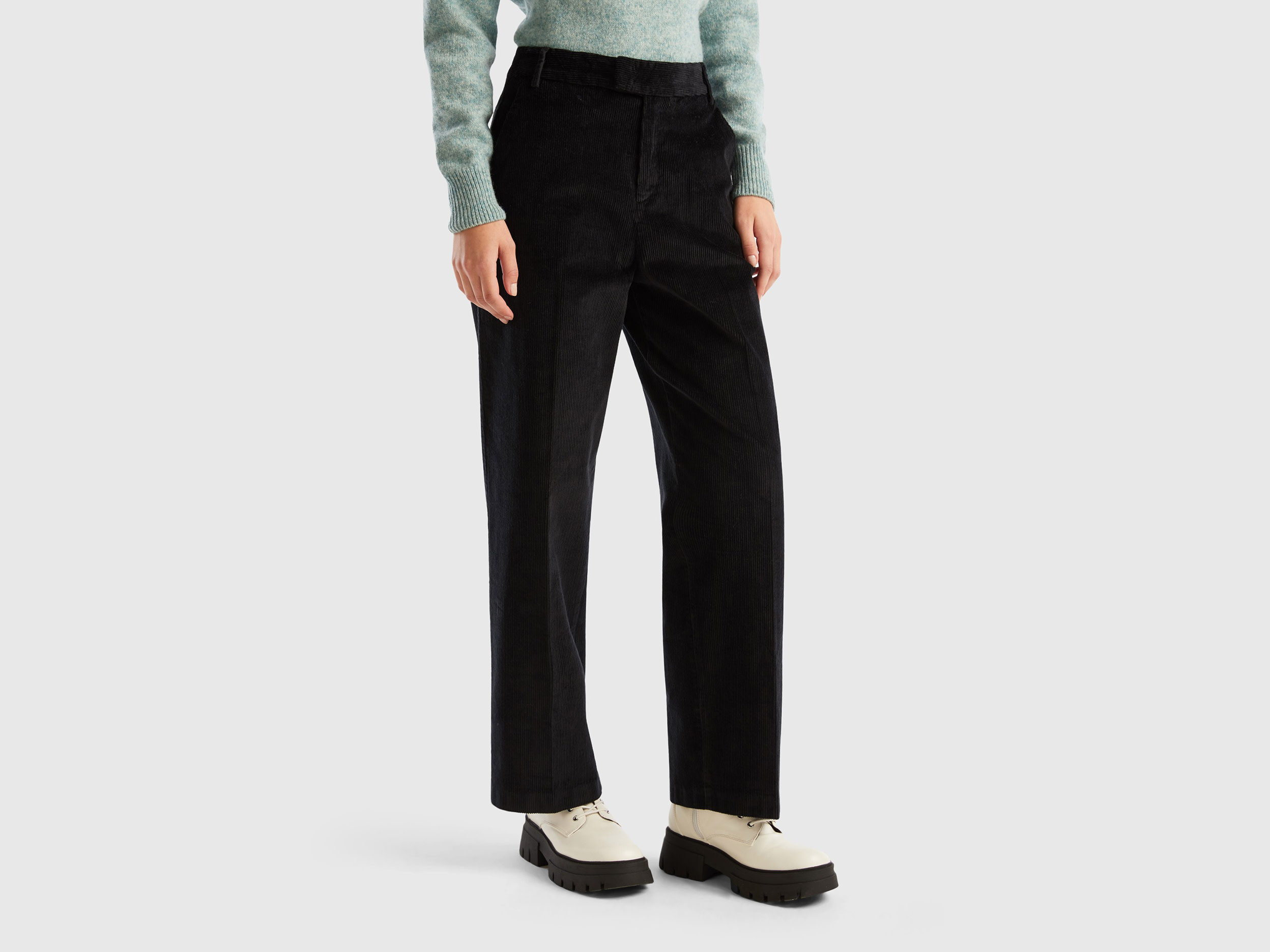 Benetton, Straight Corduroy Trousers, size 12, Black, Women