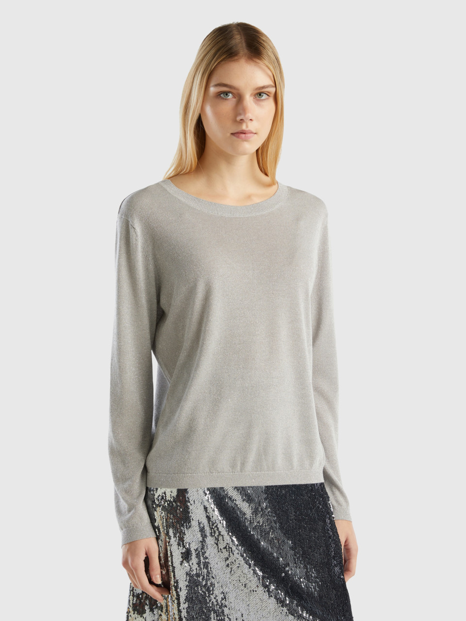 Benetton, Viscose Blend Sweater With Lurex, Light Gray, Women