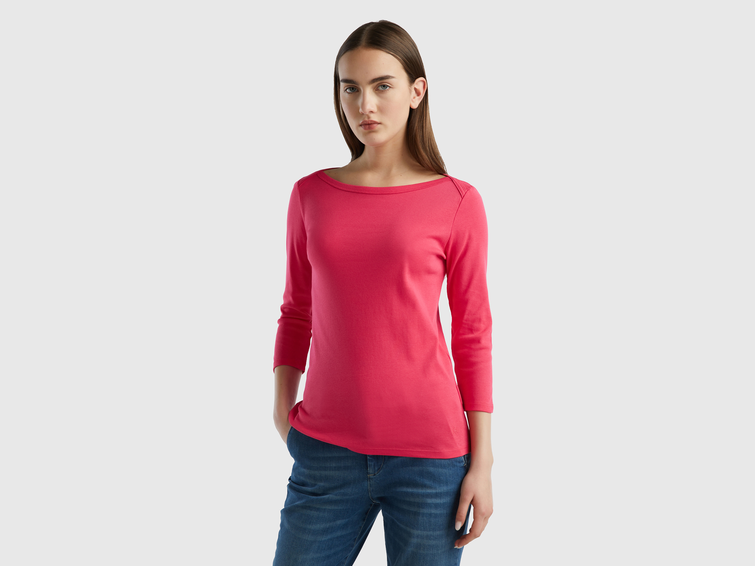 Benetton, T-shirt With Boat Neck In 100% Cotton, size S, Fuchsia, Women