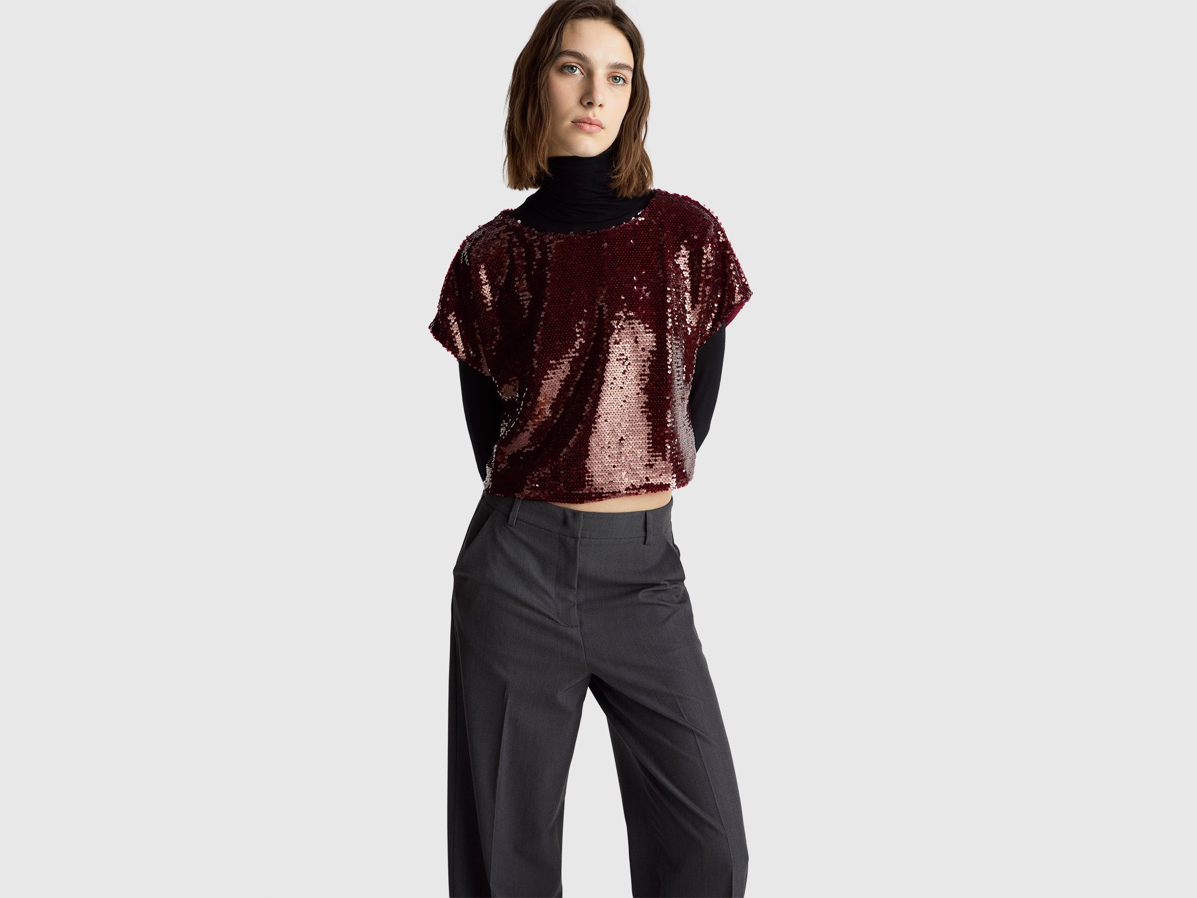 Benetton, Blouse With Sequins, Size: XS, Burgundy, Women Benetton, Blouse With Sequins, Size: XS, Burgundy, Women