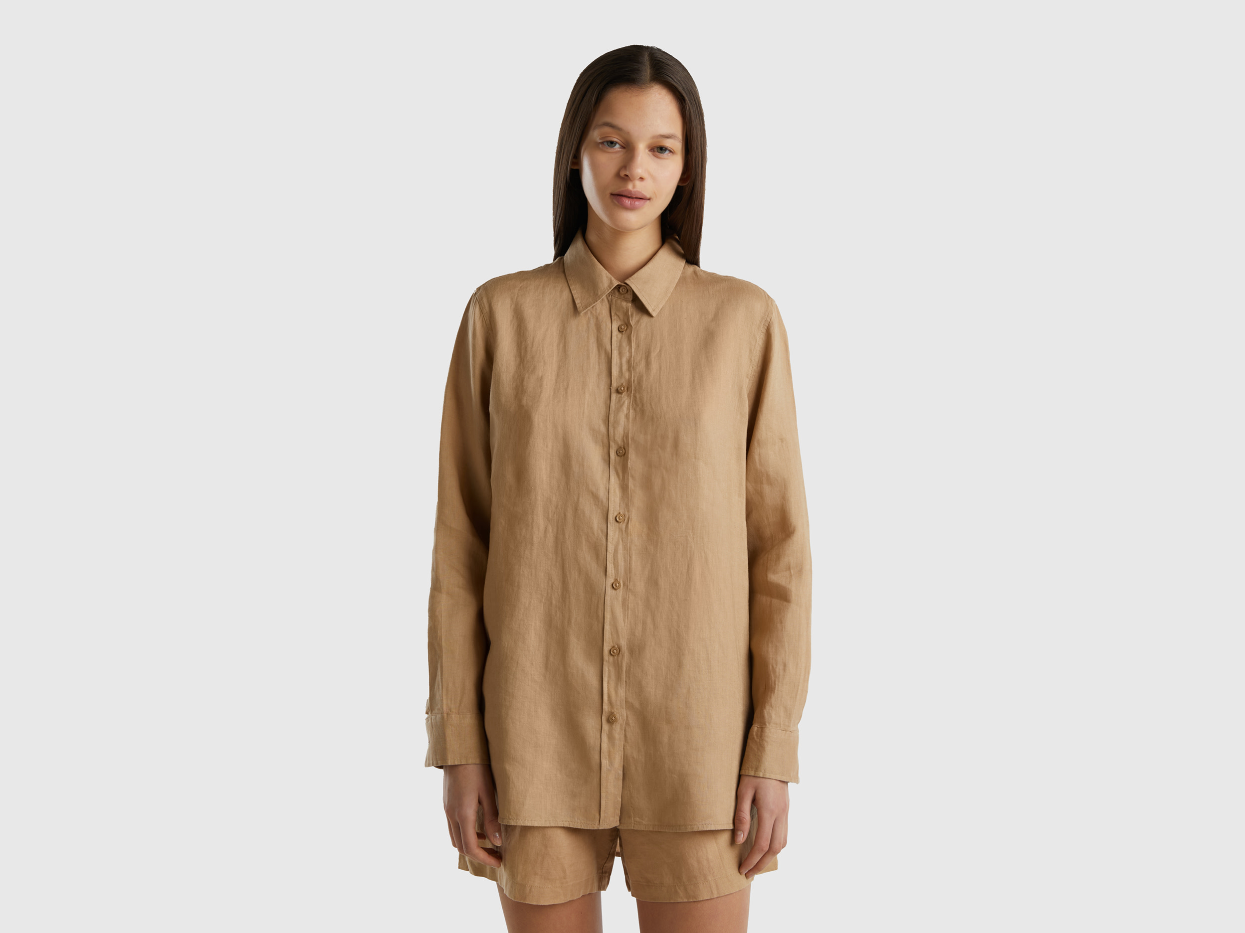 Benetton, Long Shirt In Pure Linen, size S, Camel, Women