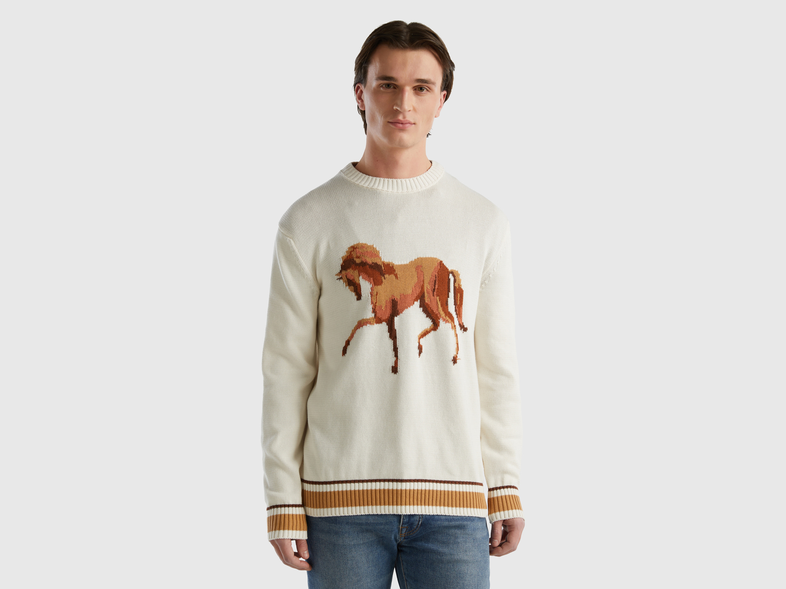 Benetton, Sweater With Horse Inlay, size L, Creamy White, Men