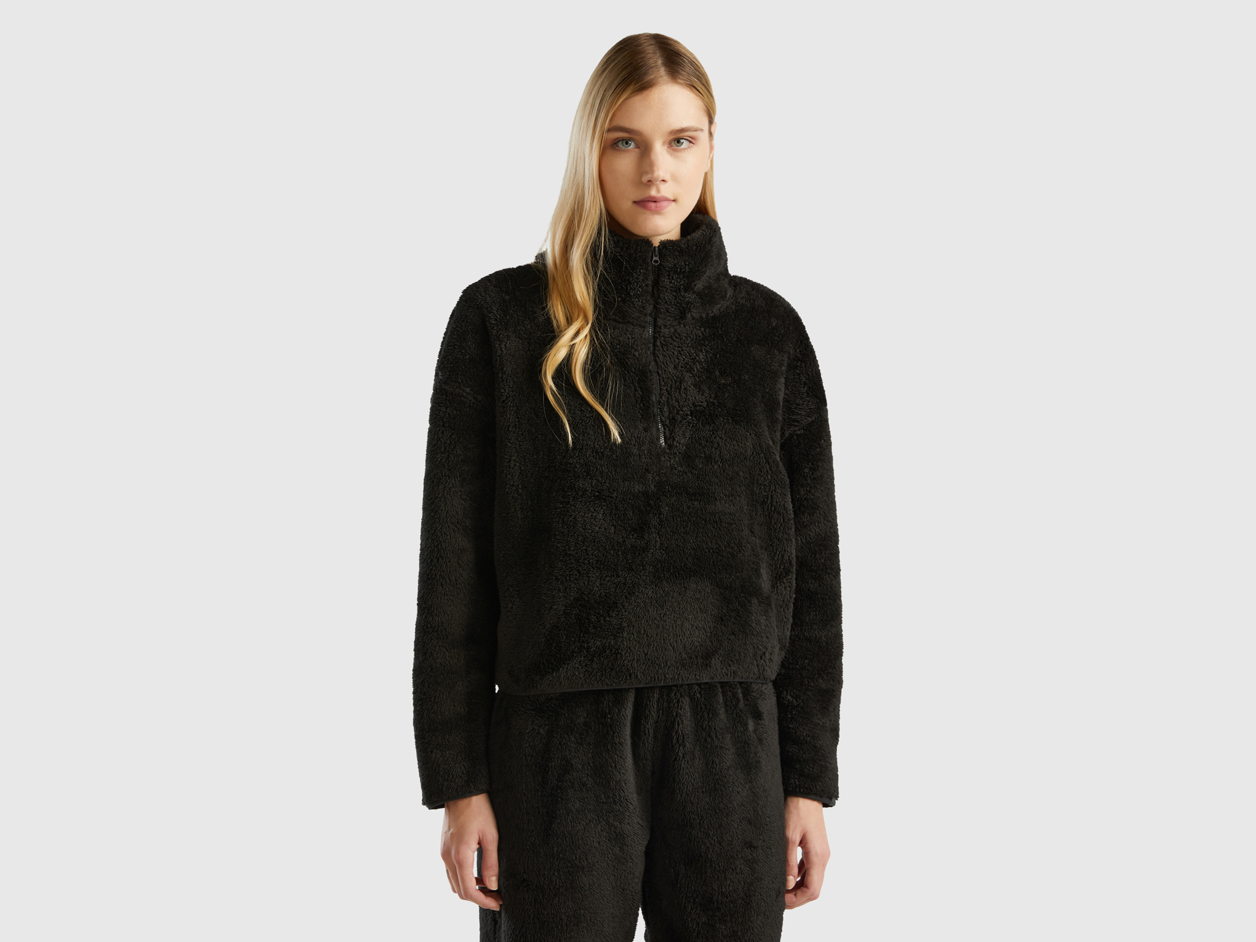 Benetton, Half-zip Fur Sweatshirt, size M, Black, Women
