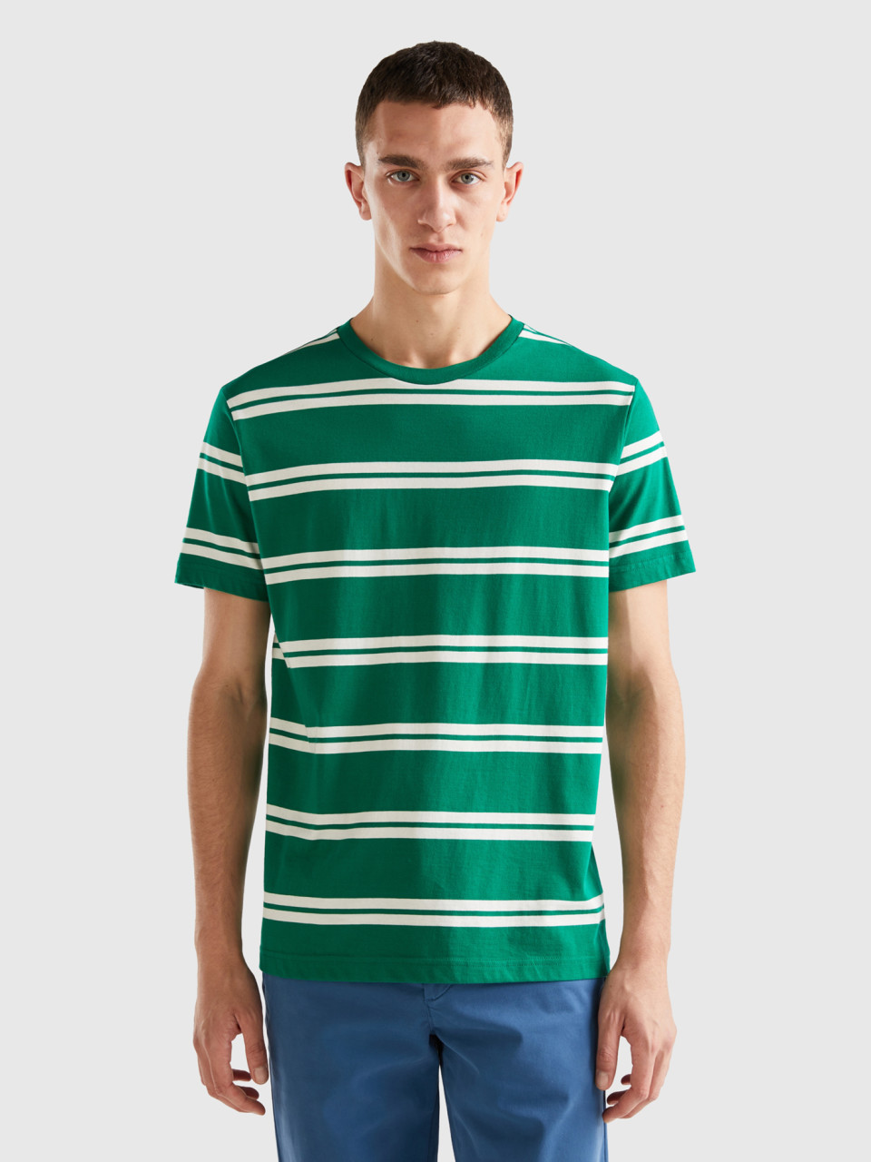 Benetton, Gestreiftes T-shirt Mit Kurzen Ärmeln, Grün, male